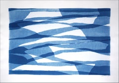 Unique Monotype in Blue Tones, Layers of Torn Paper, Horizontal Abstract Shapes