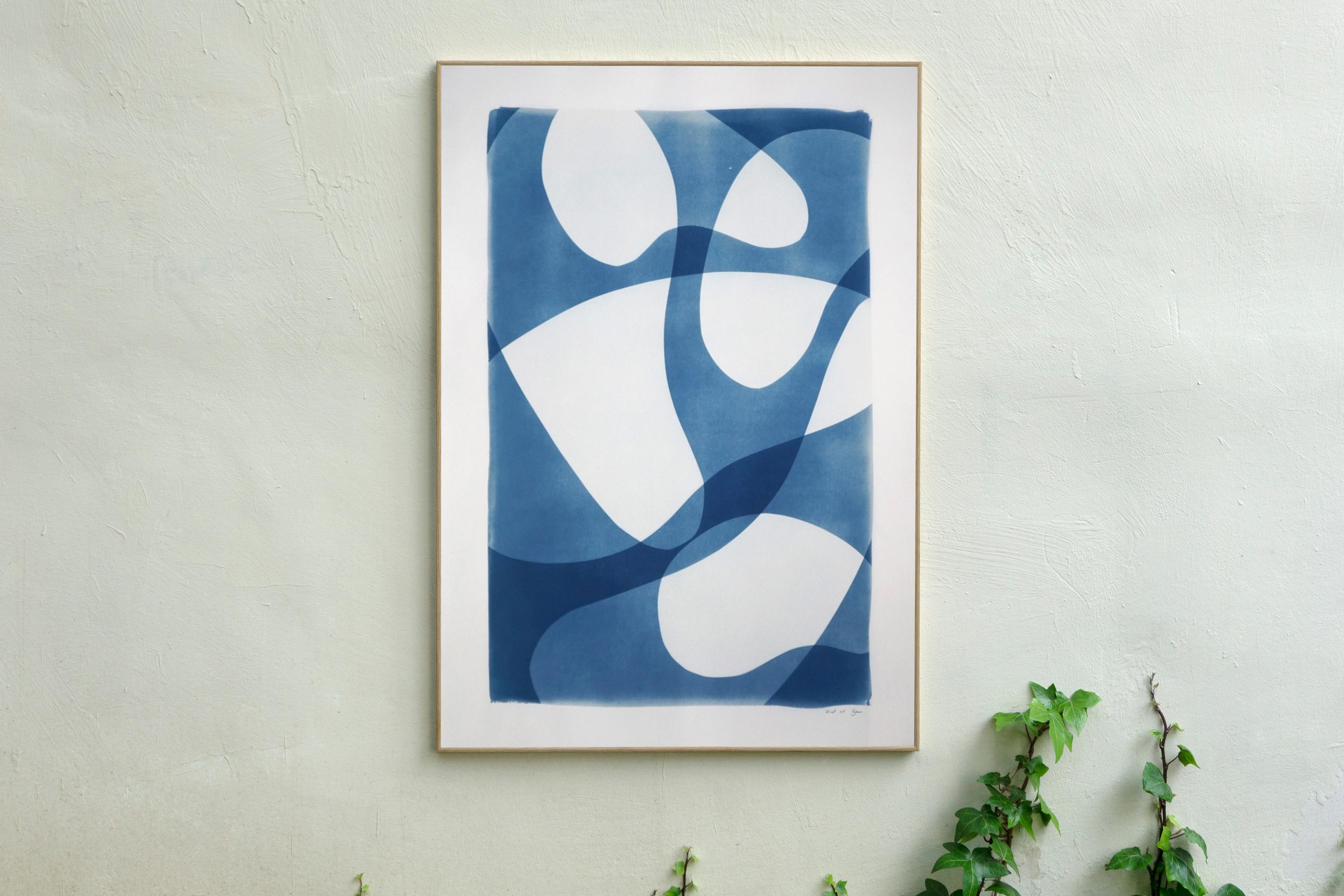 Unique Photogram of Ghostly Pool Shapes, Blue and White Minimal Cyanotype, Paper - Print by Kind of Cyan