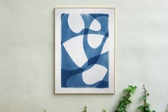 Unique Photogram of Ghostly Pool Shapes, Blue and White Minimal Cyanotype, Paper