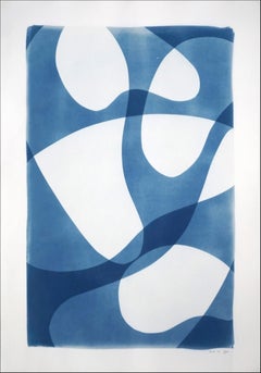 Unique Photogram of Ghostly Pool Shapes, Blue and White Minimal Cyanotype, Paper