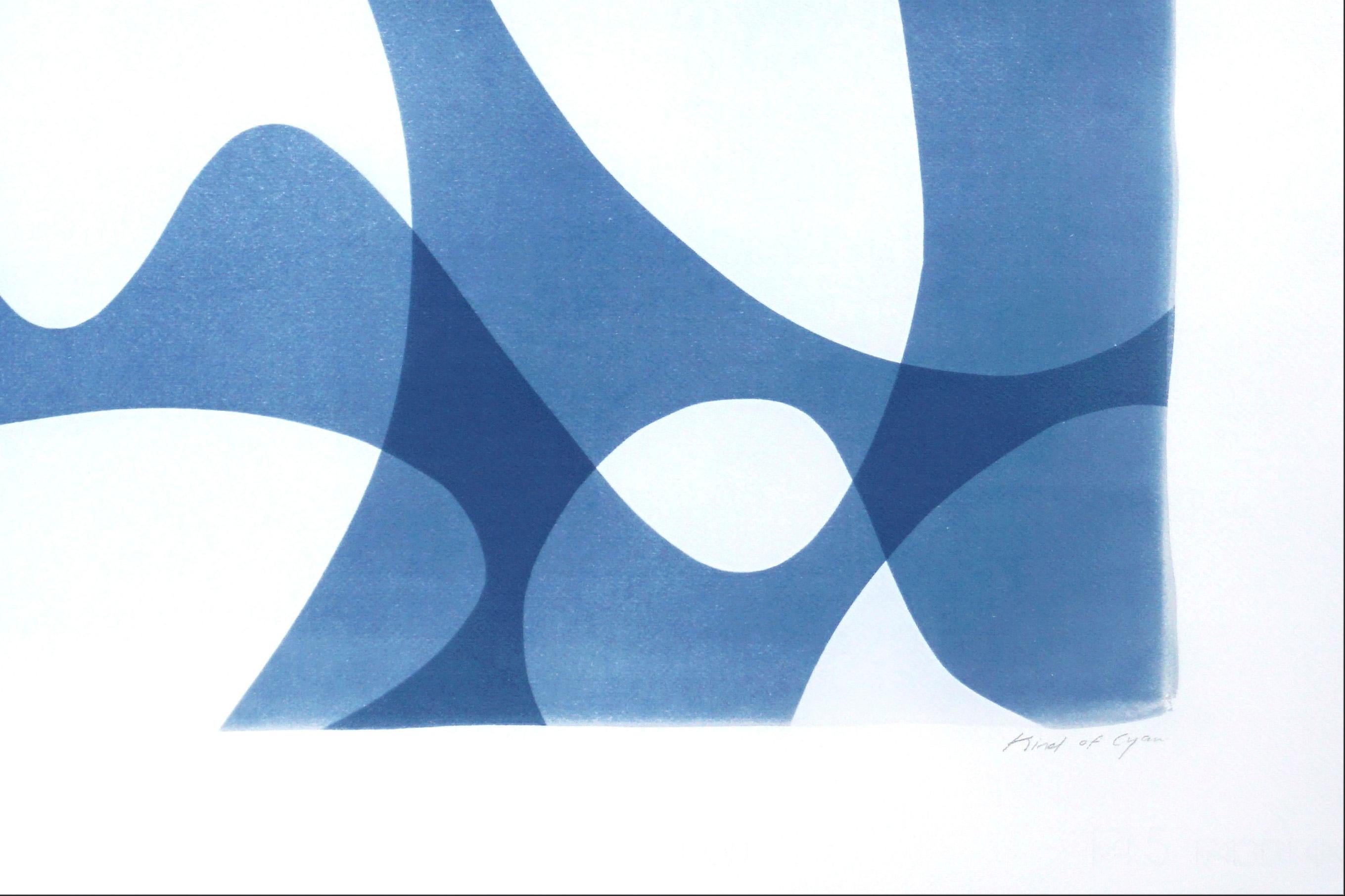 Vanguard Shapes and Shadows, Horizontal Organic Forms, White and Blue Monotype - Minimalist Print by Kind of Cyan