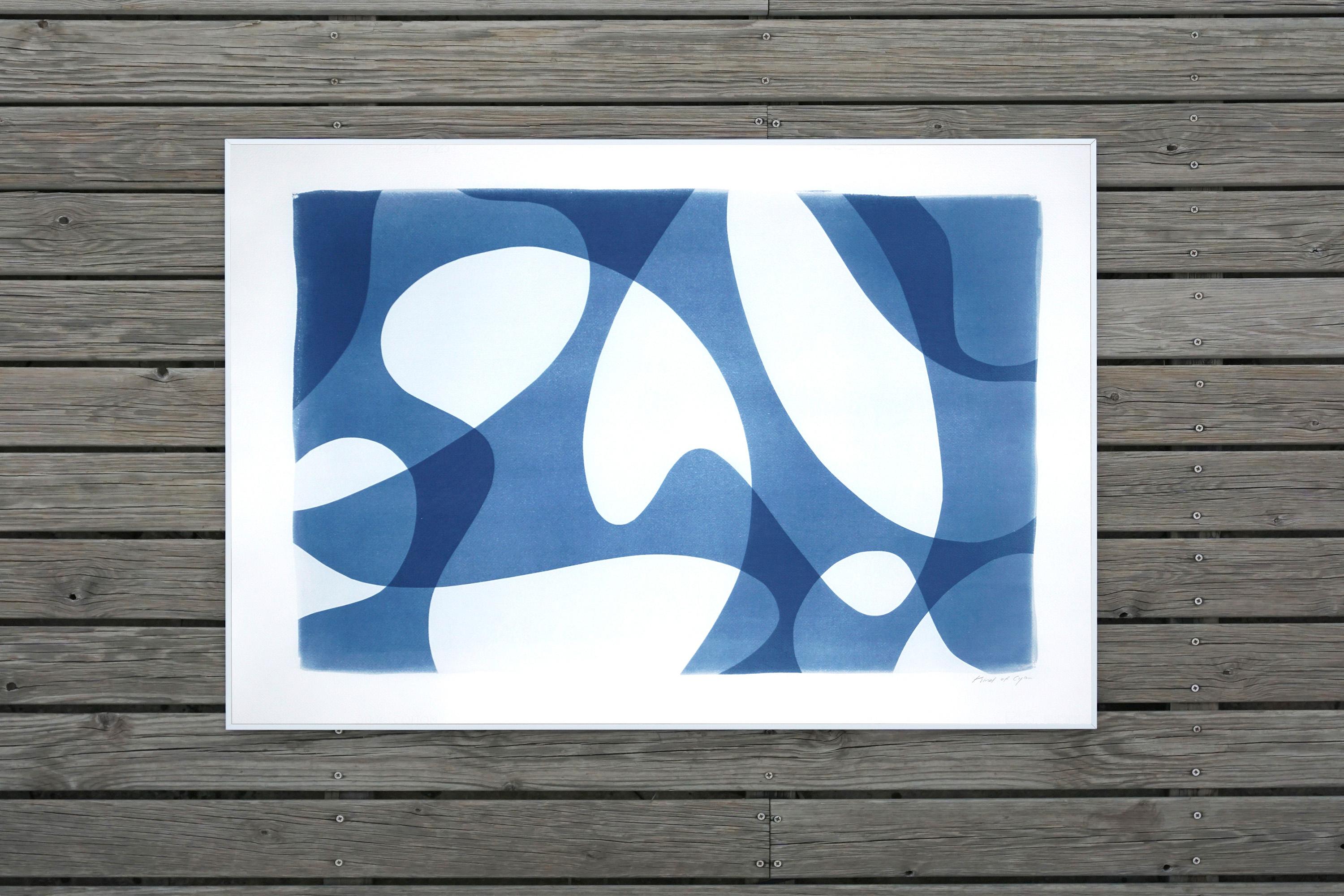 Vanguard Shapes and Shadows, Horizontal Organic Forms, White and Blue Monotype 1