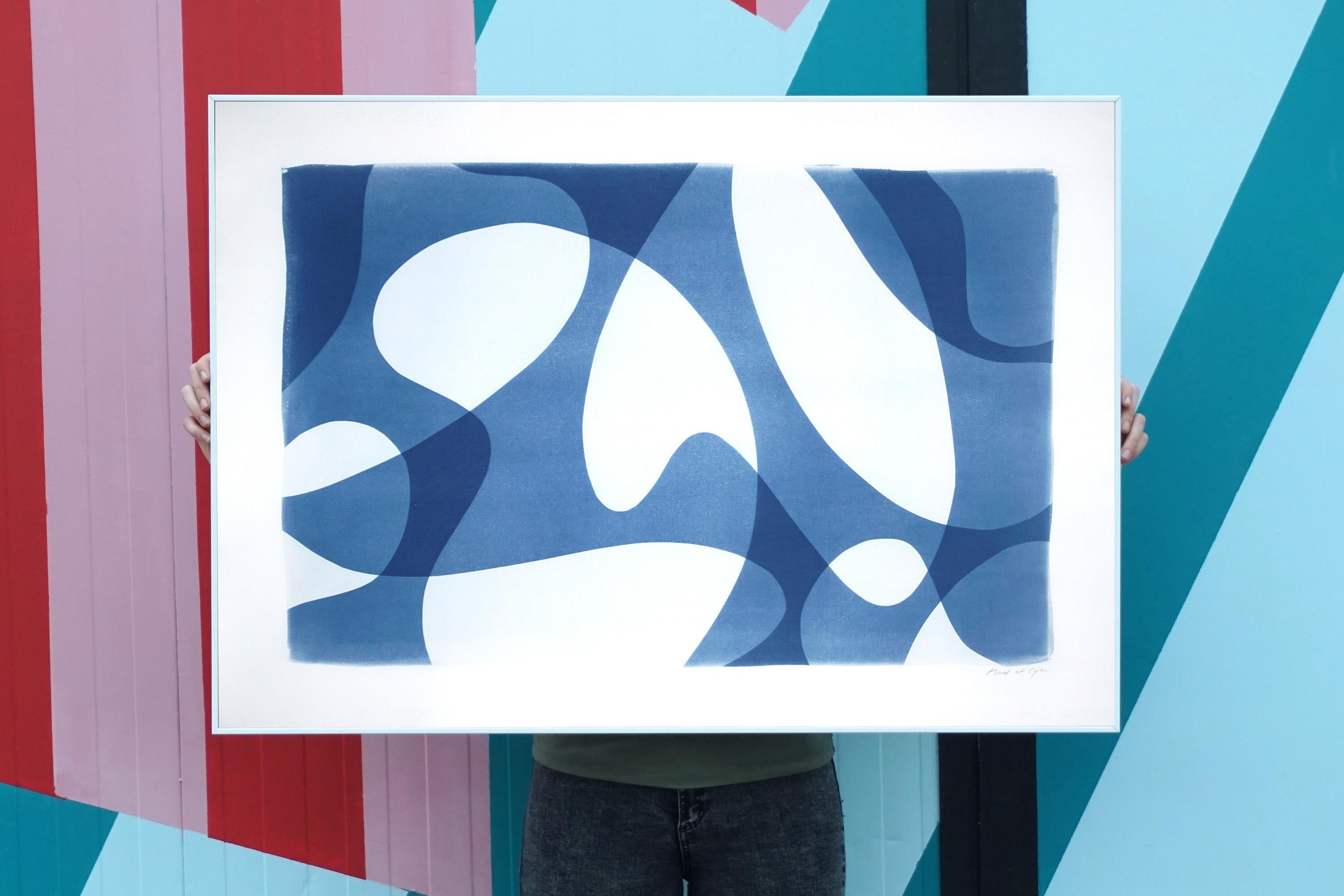 Vanguard Shapes and Shadows, Horizontal Organic Forms, White and Blue Monotype 2