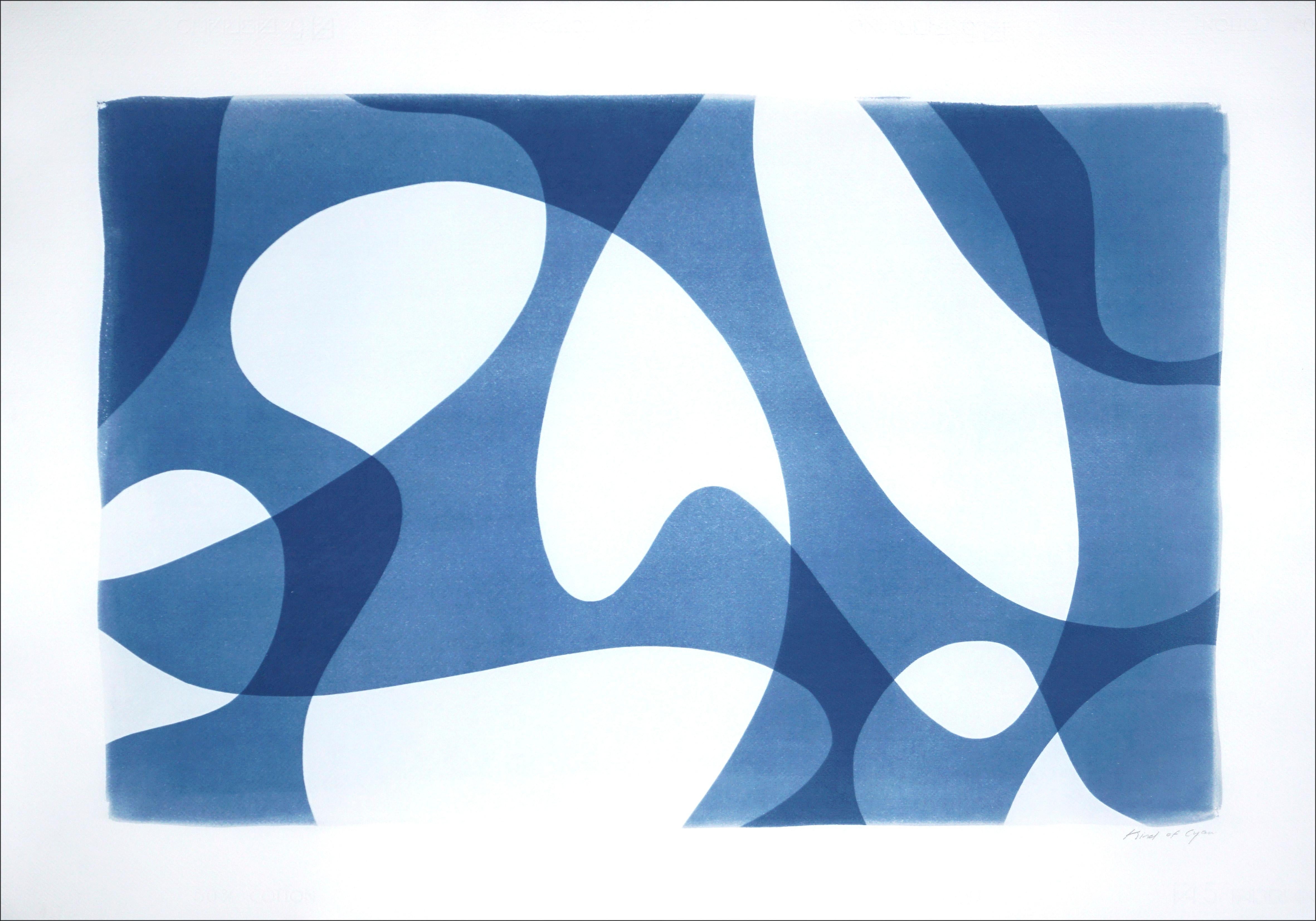 Vanguard Shapes and Shadows, Horizontal Organic Forms, White and Blue Monotype