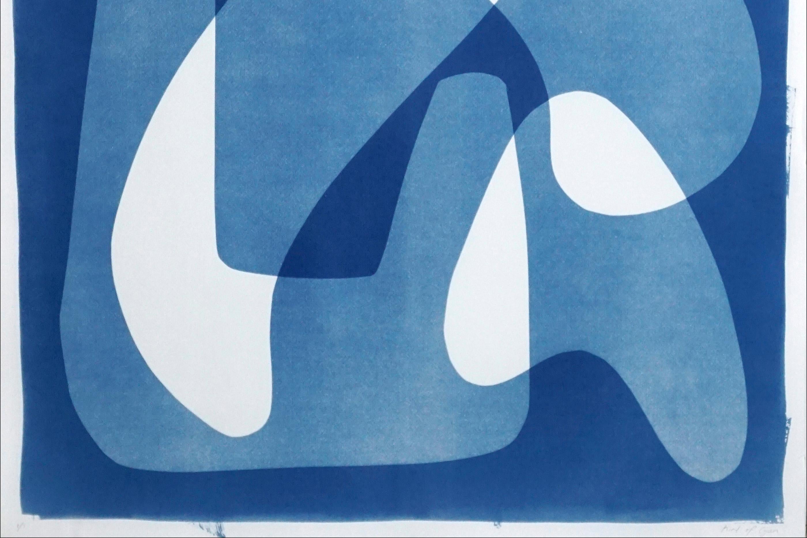 This is an exclusive handprinted unique cyanotype that takes its inspiration from the mid-century modern shapes.
It's made by layering paper cutouts and different exposures using uv-light. 

Details:
+ Title: Vanguard Shapes and Shadows
+ Year: