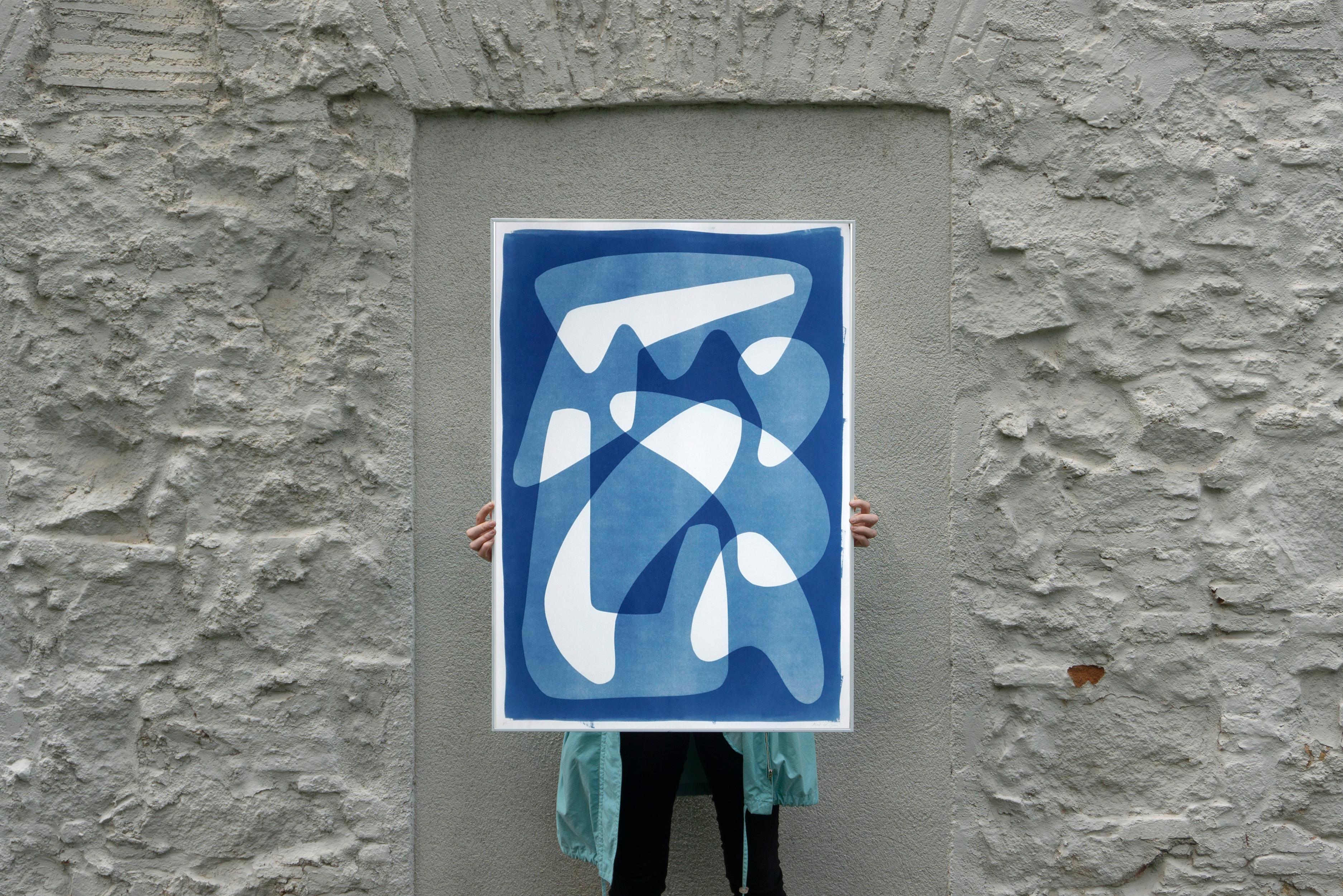Vanguard Shapes and Shadows, White and Blue Monotype on Paper, Abstract Forms 2
