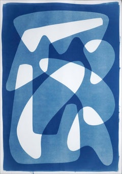 Vanguard Shapes and Shadows, White and Blue Monotype on Paper, Abstract Forms