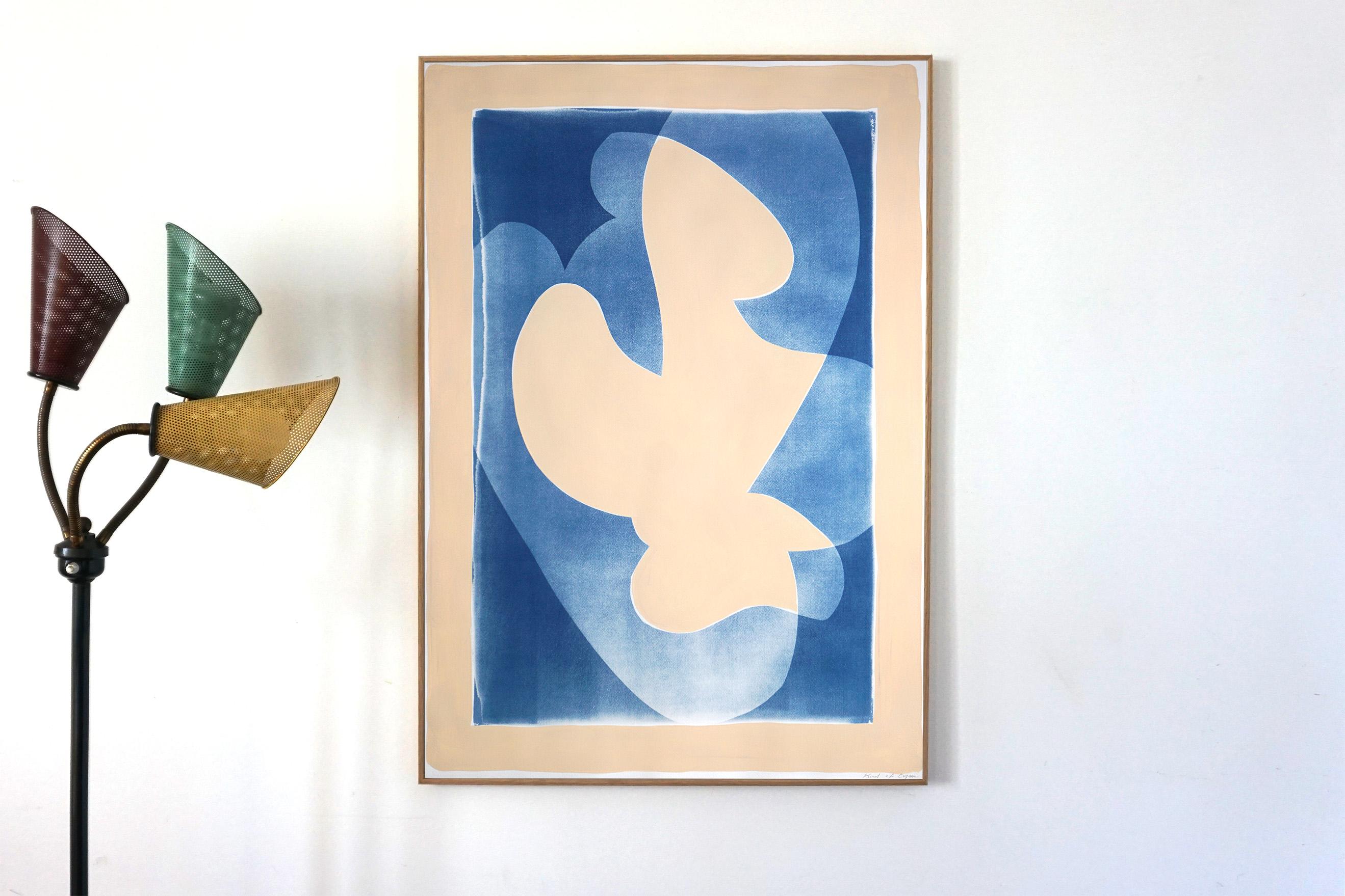 Vanilla Sky, Blue and White Abstract Birds Bodies, Cyanotype Monotype on Paper - Print by Kind of Cyan