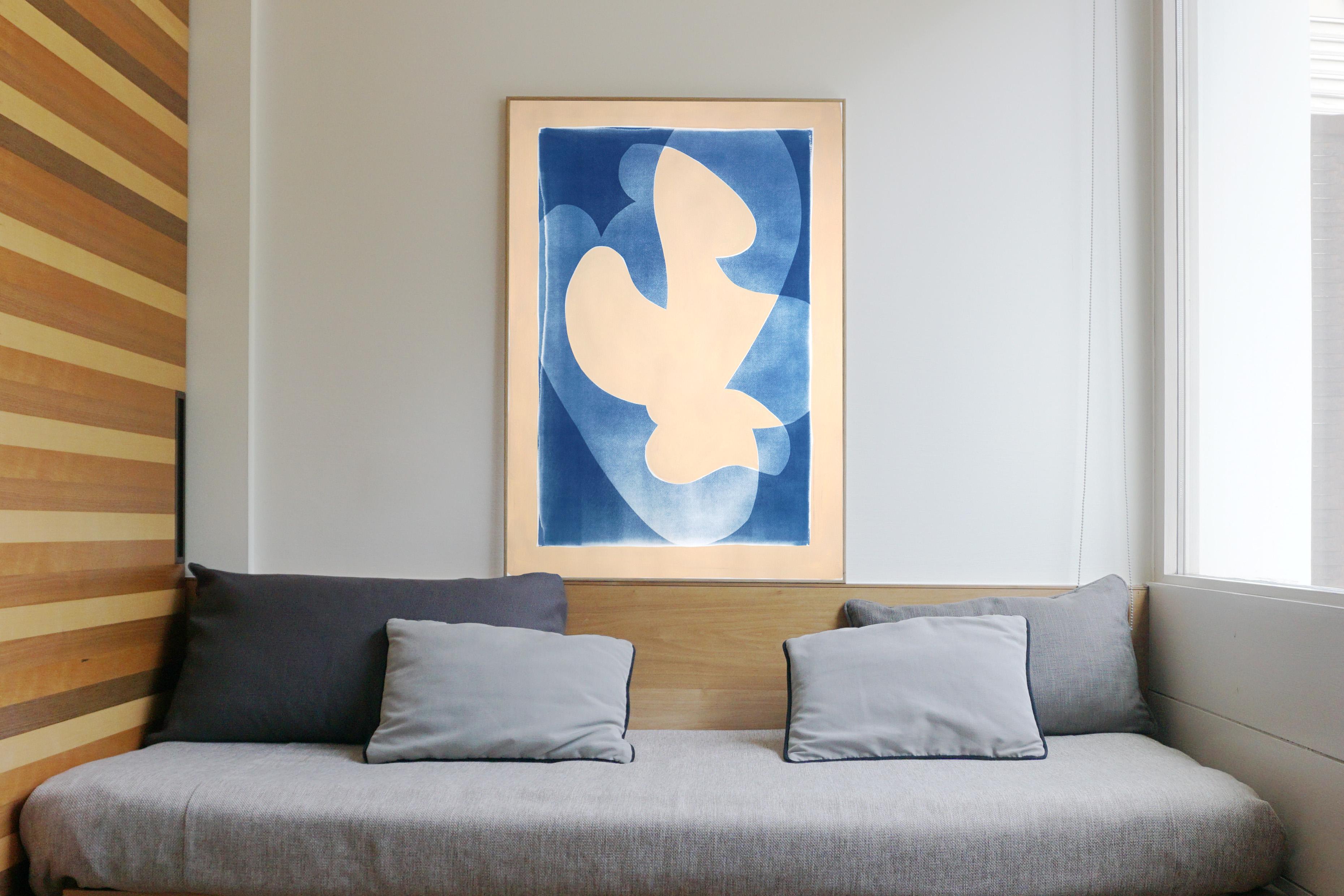 Vanilla Sky, Blue and White Abstract Birds Bodies, Cyanotype Monotype on Paper - Beige Nude Print by Kind of Cyan