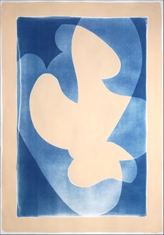 Vanilla Sky, Blue and White Abstract Birds Bodies, Cyanotype Monotype on Paper