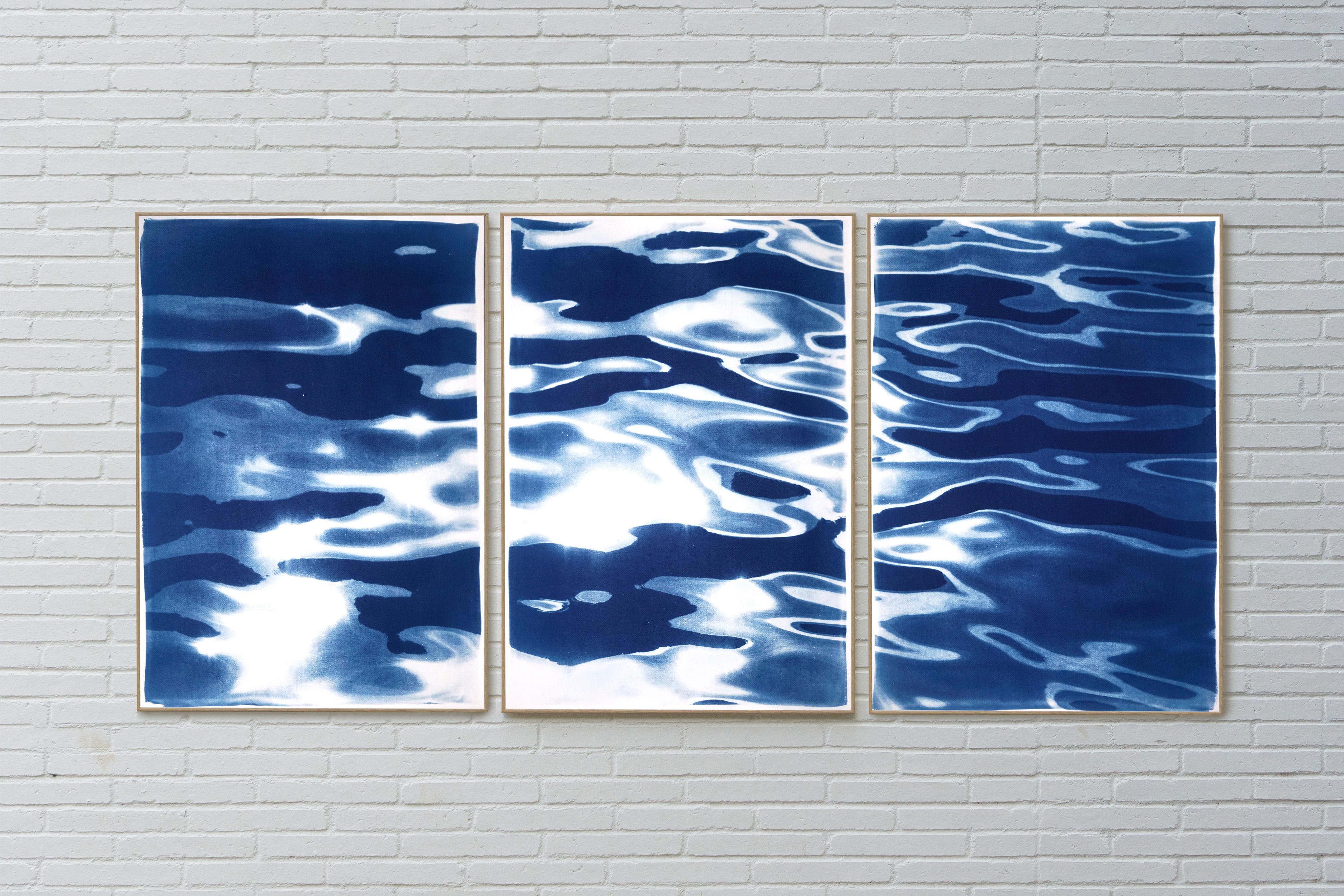 Triptyque de paysages marins de Venise, reflets de l'île de Lido bleue, cyanotype contemporain en vente 1
