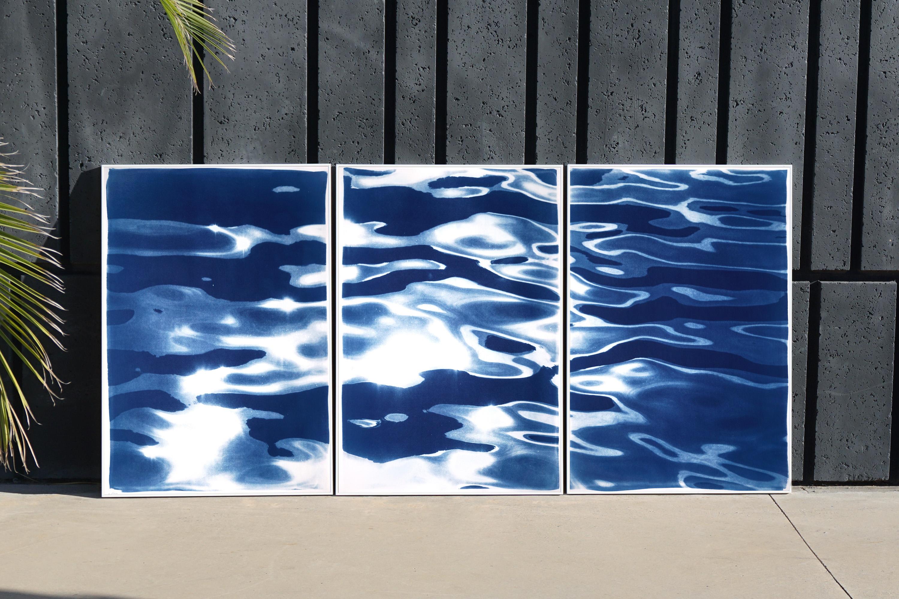 Triptyque de paysages marins de Venise, reflets de l'île de Lido bleue, cyanotype contemporain en vente 4