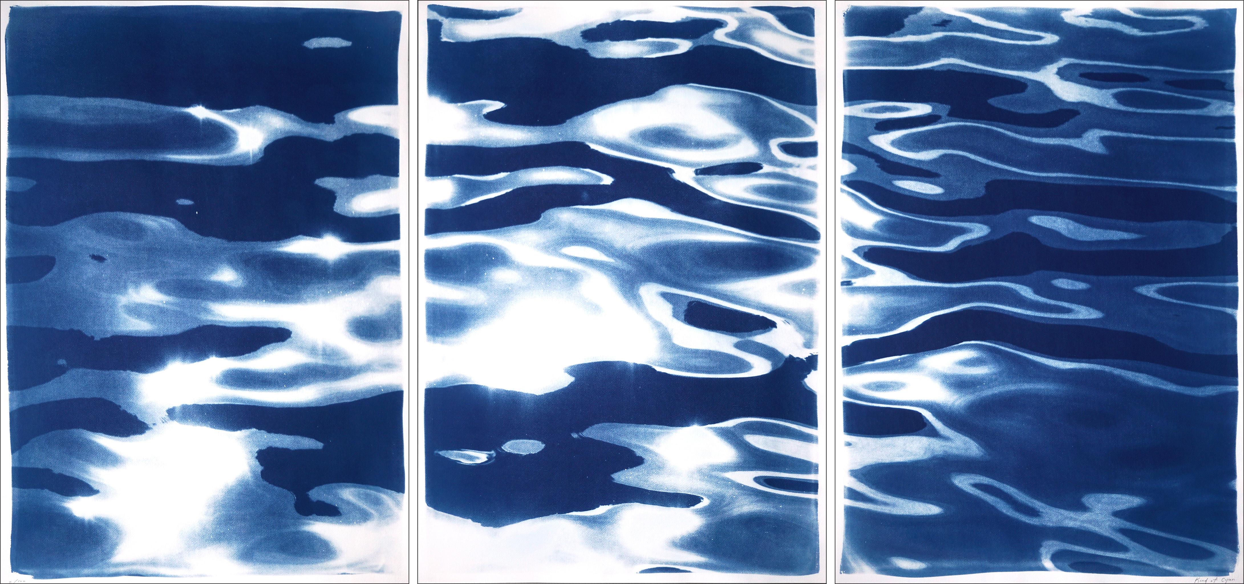 Triptyque de paysages marins de Venise, reflets de l'île de Lido bleue, cyanotype contemporain