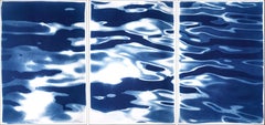 Venice Seascape Triptychon, Blaue Lido-Inselreflexionen, zeitgenössische Cyanotypie