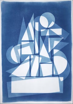 Vertical Architecture, Primary Shapes Trophy in White and Blue, Unique Monotype