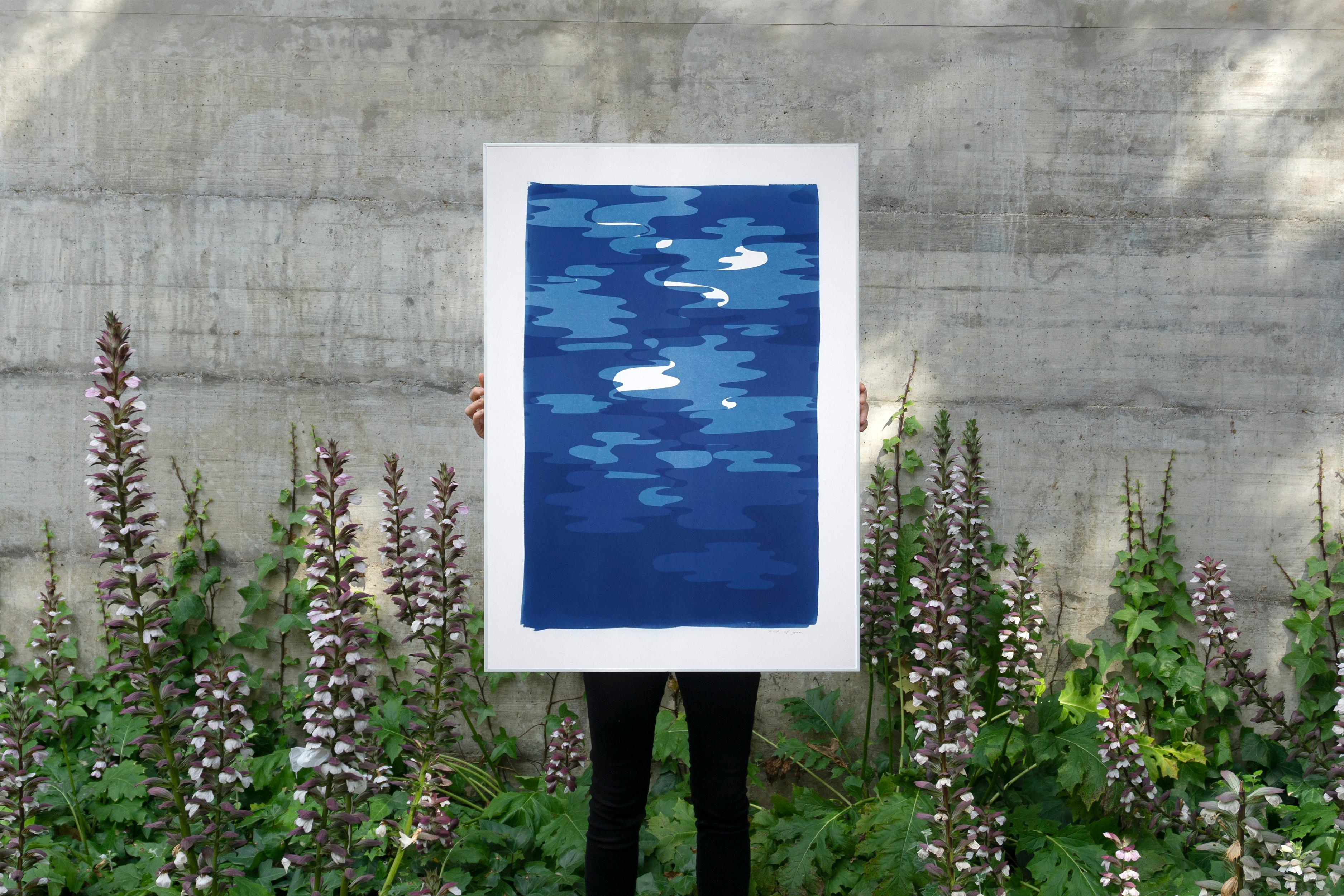 Vertical Geometric Water Reflections , Original Cutout Monotype in Blue Tones - Photograph by Kind of Cyan