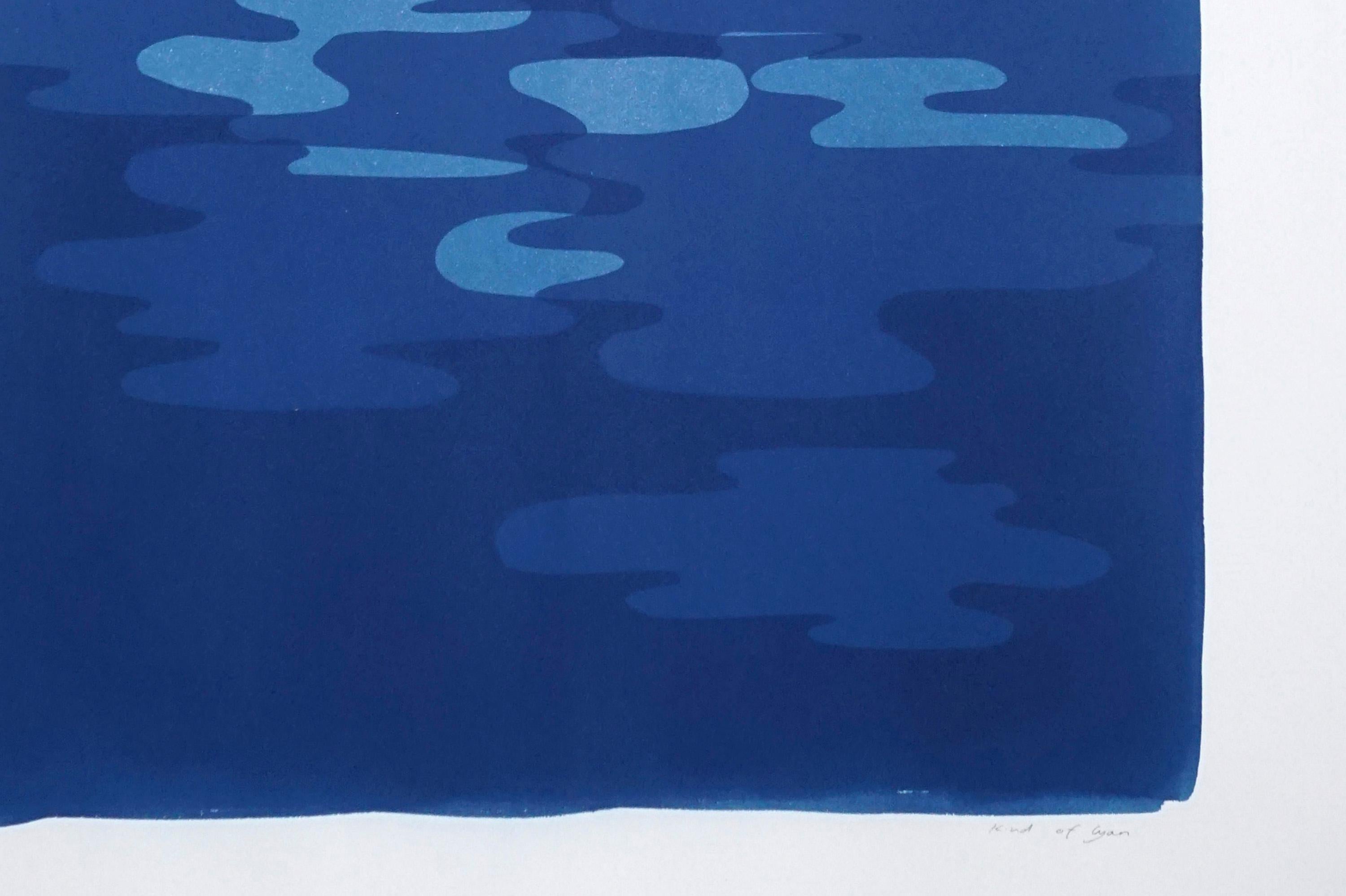 Vertical Geometric Water Reflections , Original Cutout Monotype in Blue Tones - Abstract Photograph by Kind of Cyan