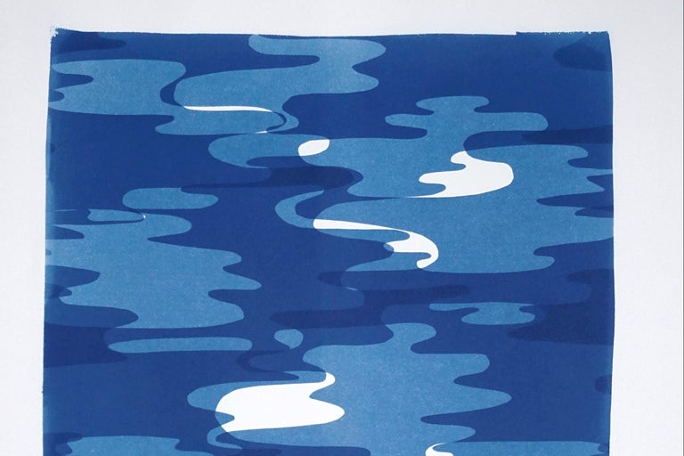 Vertical Geometric Water Reflections , Original Cutout Monotype in Blue Tones For Sale 1