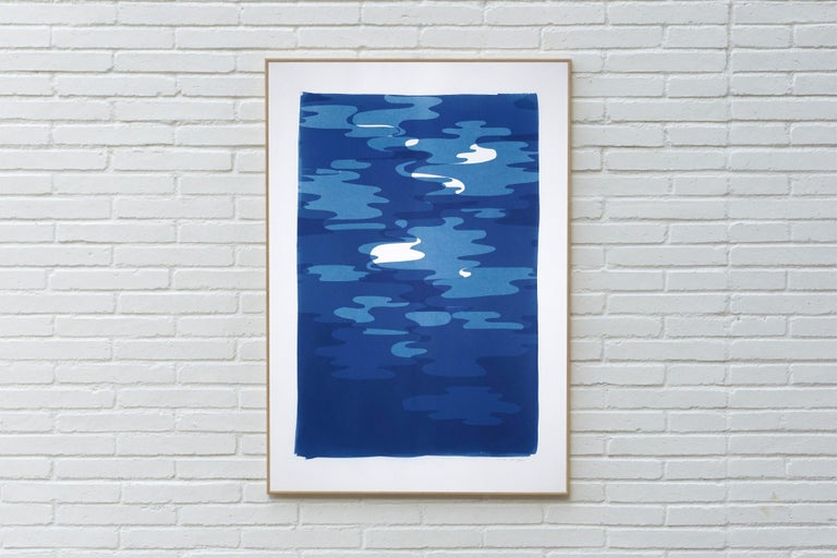 Vertical Geometric Water Reflections , Original Cutout Monotype in Blue Tones For Sale 2