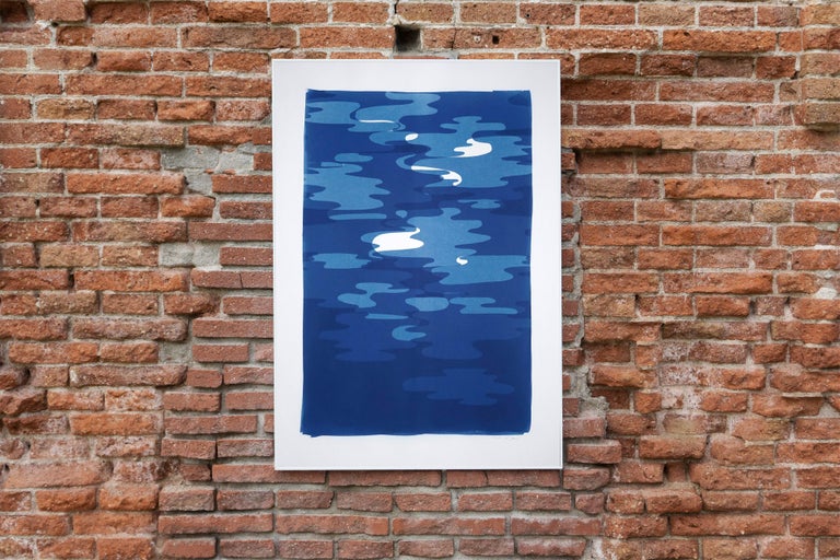 Vertical Geometric Water Reflections , Original Cutout Monotype in Blue Tones For Sale 3