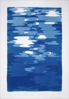Vertical Geometric Water Reflections , Original Cutout Monotype in Blue Tones