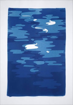 Vertical Geometric Water Reflections , Original Cutout Monotype in Blue Tones