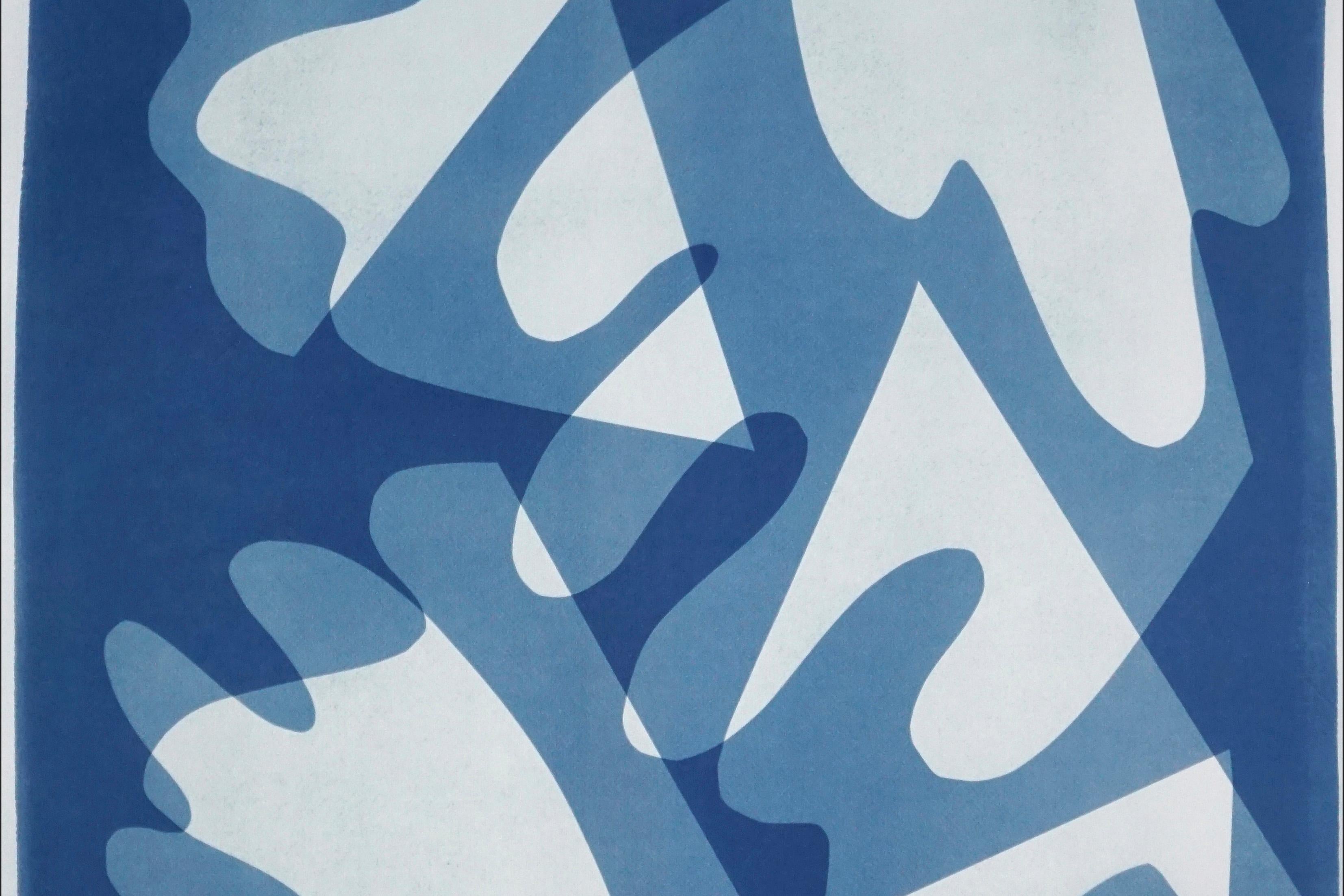 Il s'agit d'un cyanotype unique exclusif, imprimé à la main, qui s'inspire des formes modernes du milieu du siècle dernier.
Il a été réalisé en superposant des papiers découpés et différentes expositions à la lumière UV. 

Détails :
+ Titre :