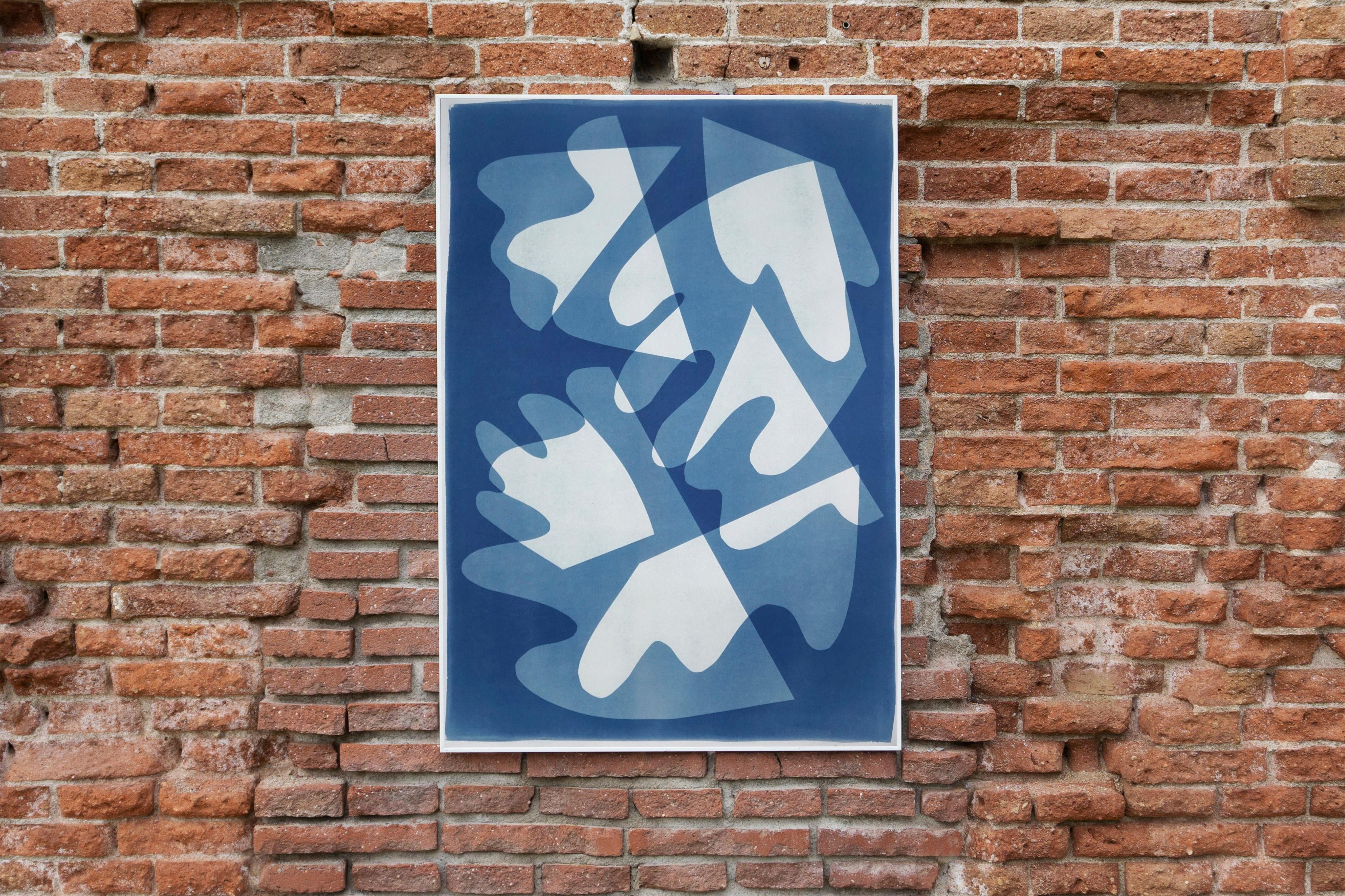Walking on Glass, Unique Monotype, Cutouts Mid-century Shapes in Blue Tones 2021 2