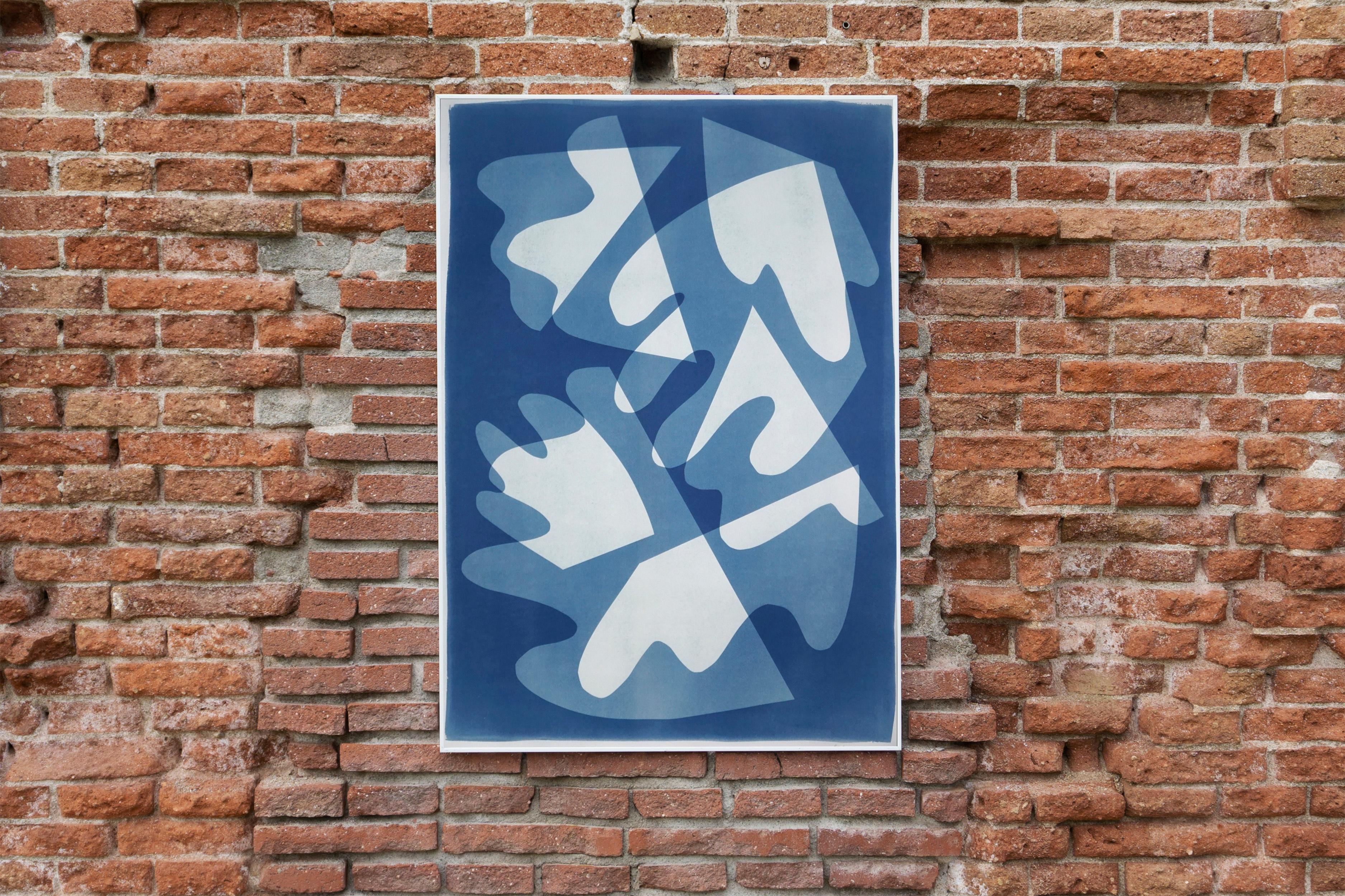 Walking on Glass, Unique Monotype, Cutouts Mid-century Shapes in Blue Tones 2021 For Sale 2