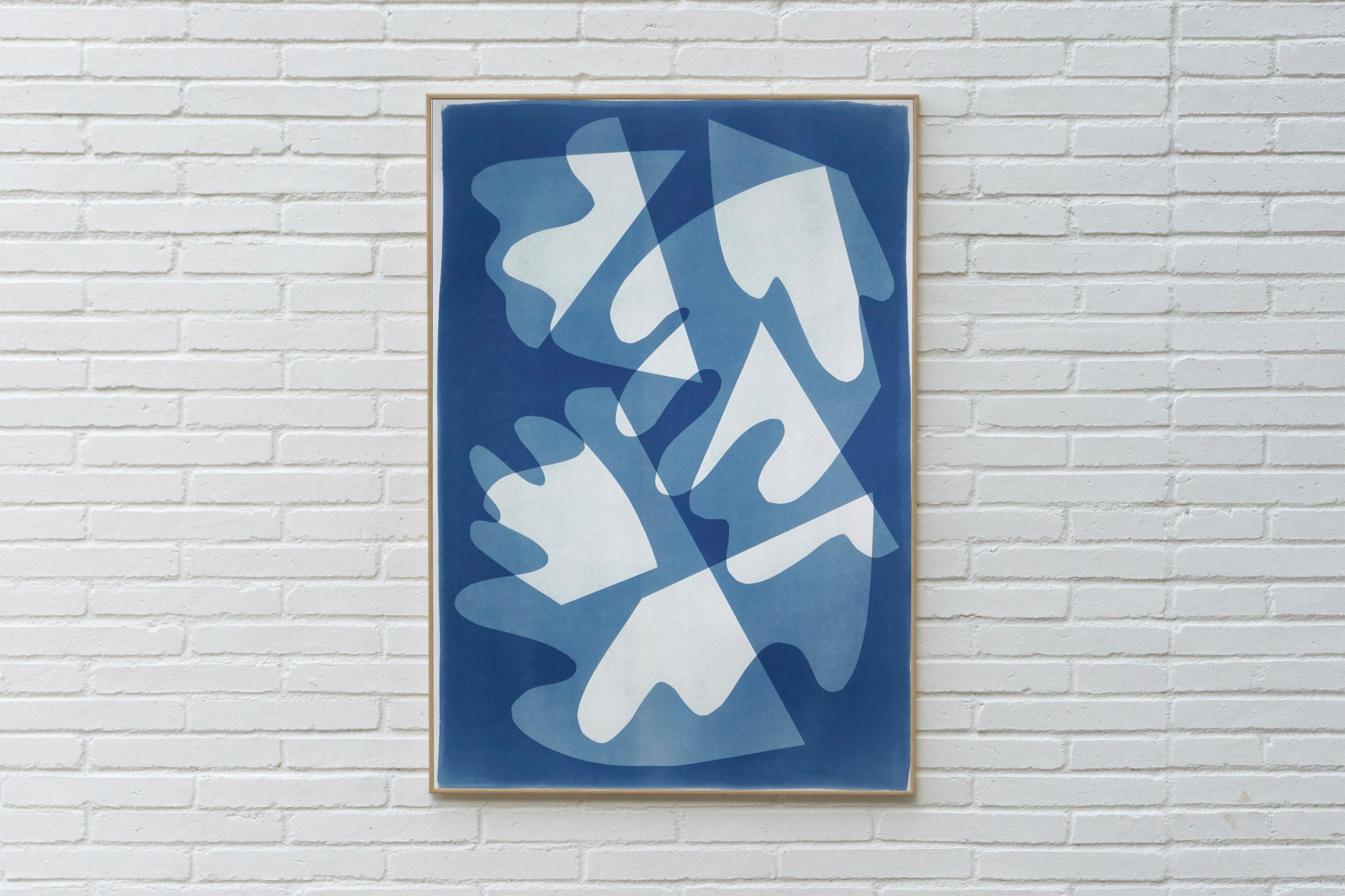 Walking on Glass, Unique Monotype, Cutouts Mid-century Shapes in Blue Tones 2021 For Sale 3