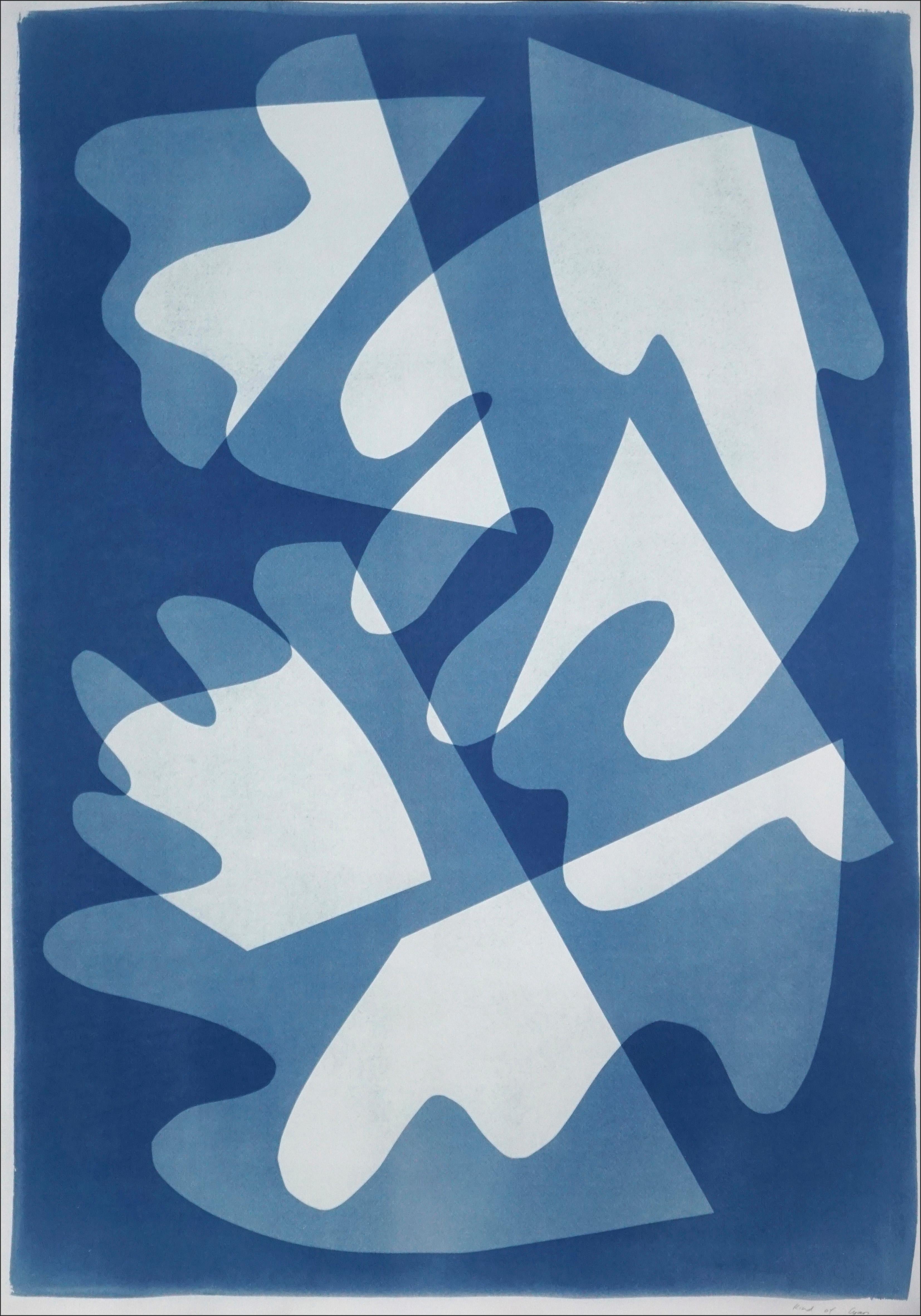 Walking on Glass, Unique Monotype, Cutouts Mid-century Shapes in Blue Tones 2021