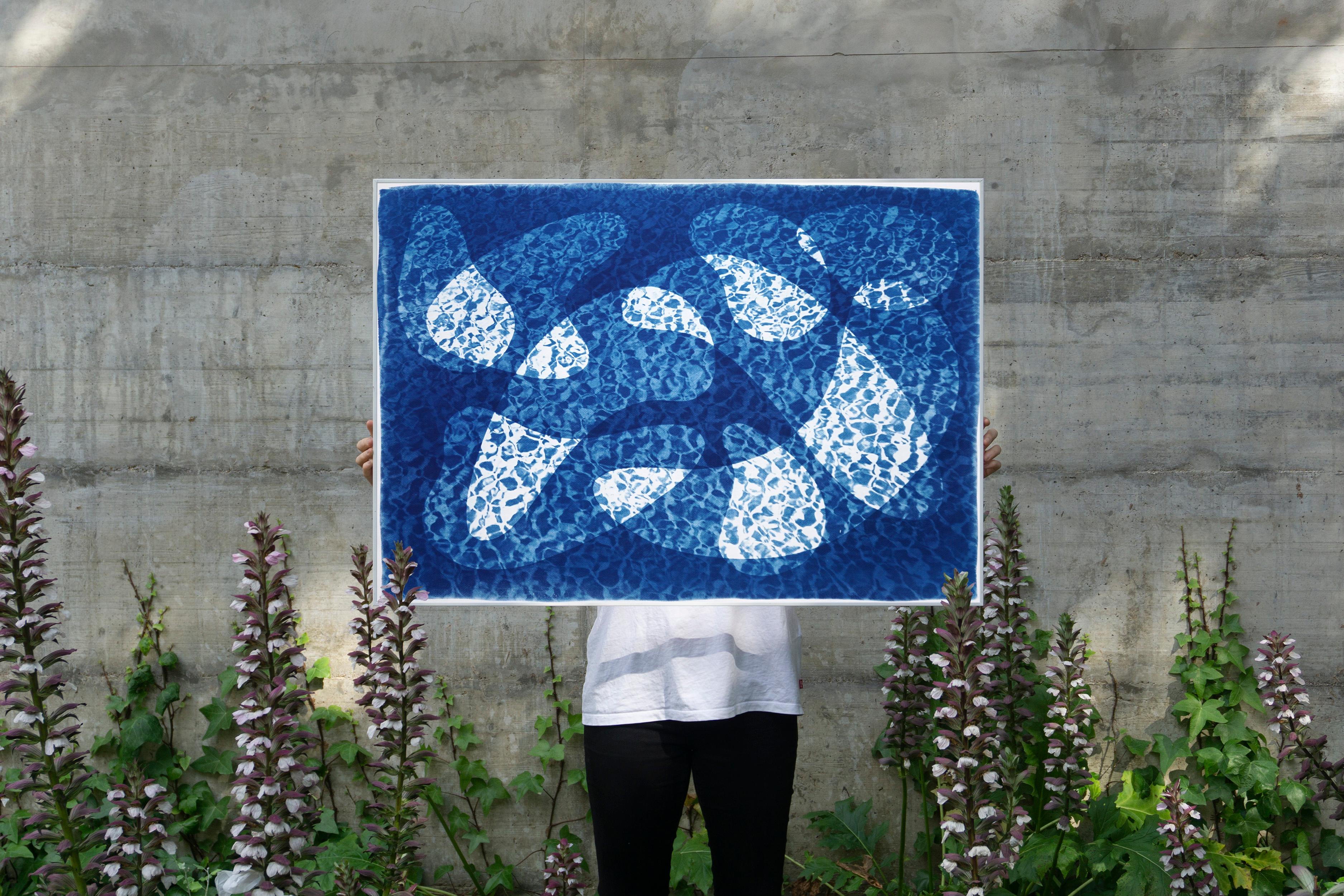 Water Reflection of Fish Under Water, Pool Monotype Cyanotype in Blue Tones For Sale 1