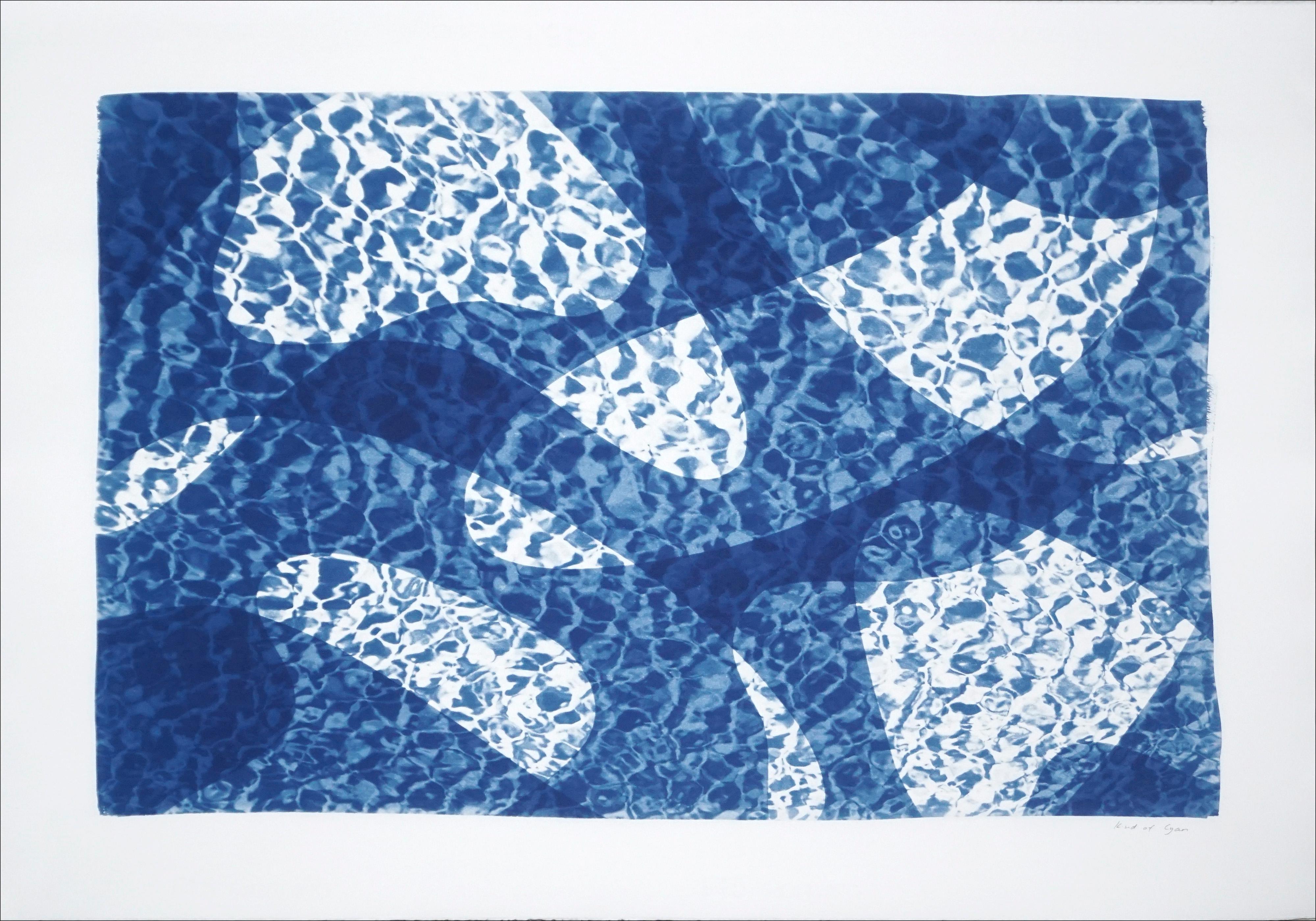 Kind of Cyan Abstract Print - Water Reflection of Fish Under Water, Pool Monotype Cyanotype in Blue Tones