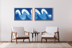 Wave I, Unique Monotype Cyanotype, Horizontal Diptych in Blue and White on Paper