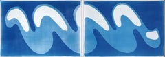 Wave I, Unique Monotype Cyanotype, Horizontal Diptych in Blue and White on Paper