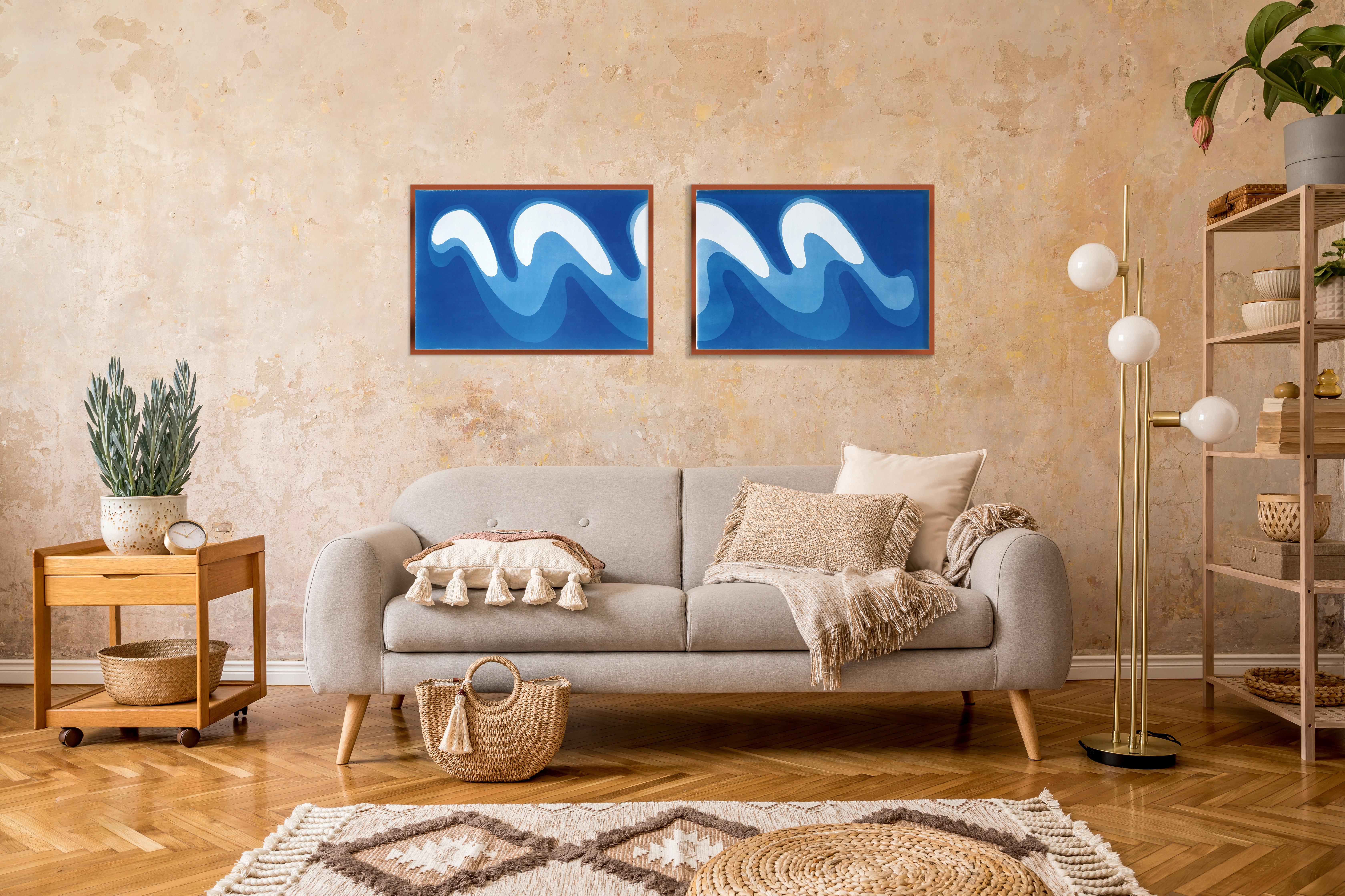 Ola II, monotipo único cianotipo, díptico horizontal, forma orgánica en azul en venta 2
