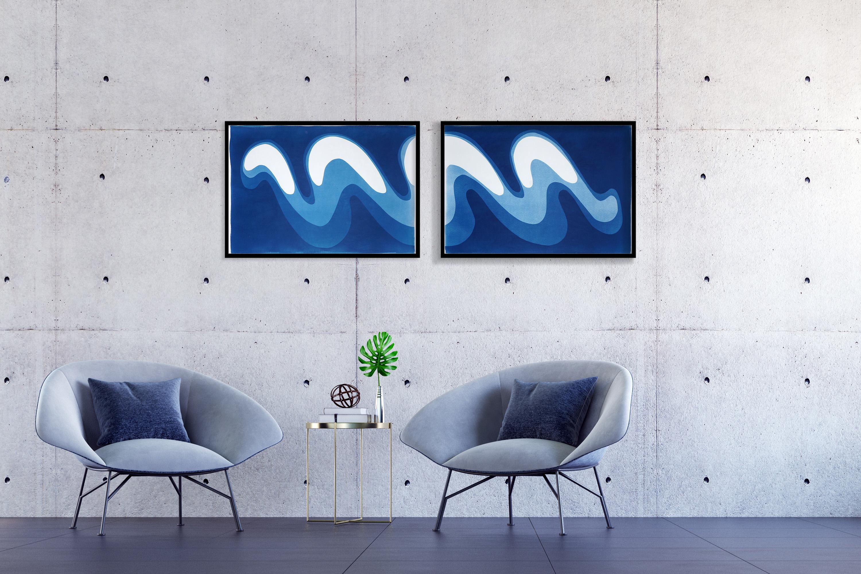 Wave III, Einzigartige Monotypie Zyanotypie, horizontales Diptychon von (Geometrische Abstraktion), Print, von Kind of Cyan