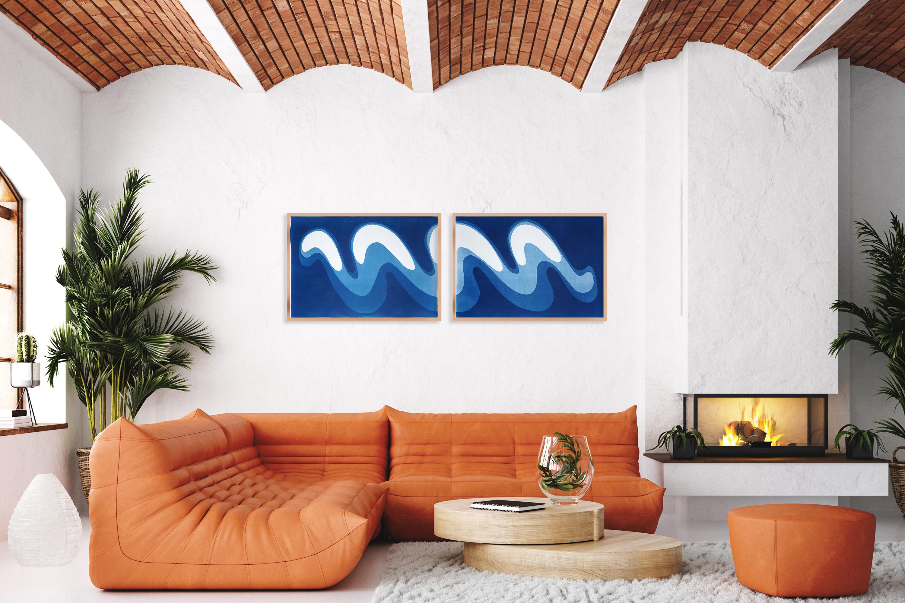Wave III, Einzigartige Monotypie Zyanotypie, horizontales Diptychon von im Angebot 1