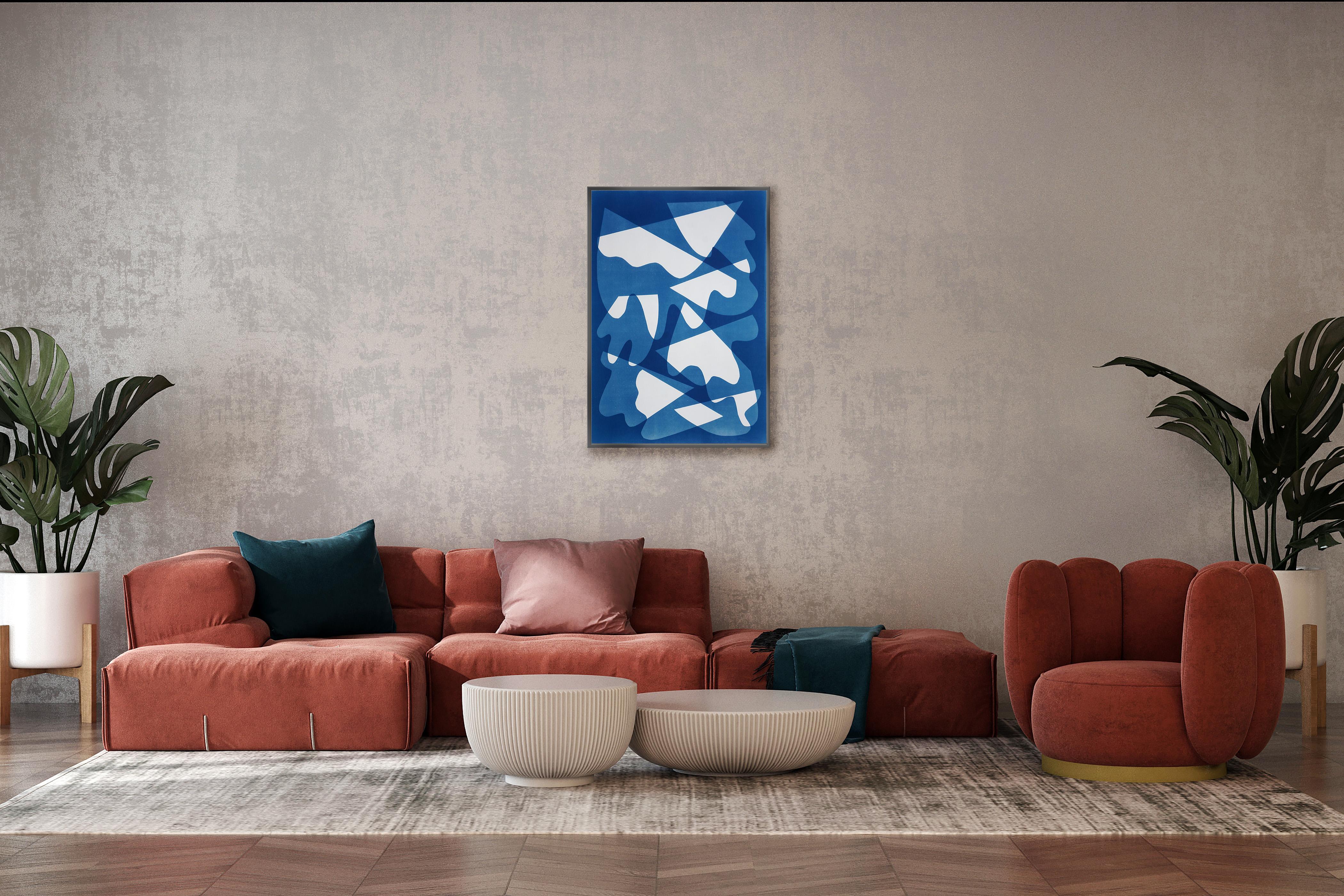 Miroirs humides monotype vertical Cyanotoype, formes abstraites bleu profond et blanc en vente 2