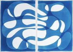 Whirlpool Cyclone, Blue and White, Cyanotype Diptych, Modern Shapes, Blue Tones