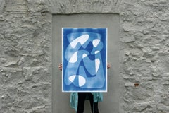 White and Blue Pattern of Palettes, Modern Floating Shapes, Unique Cyanotype