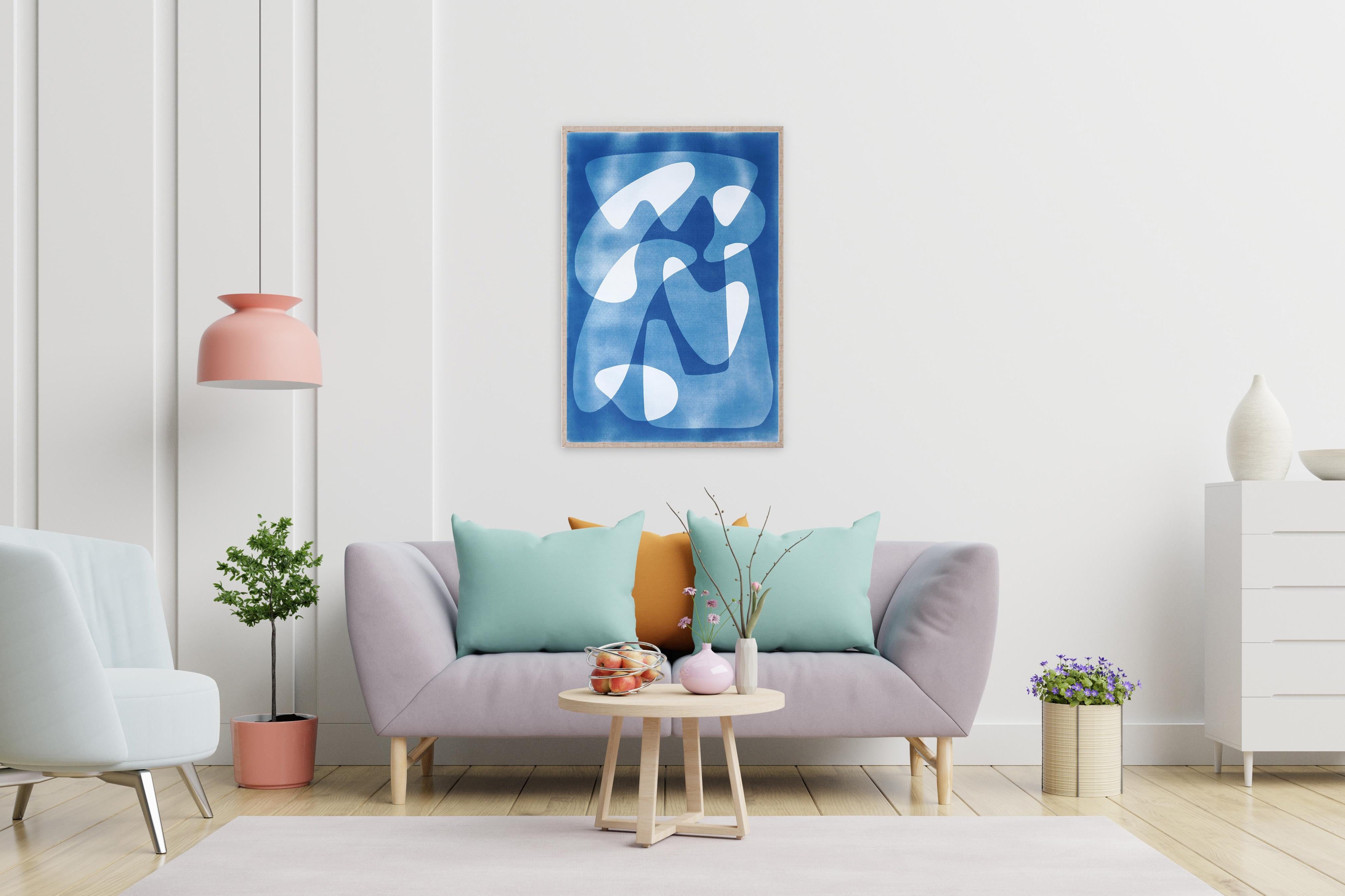 White and Blue Pattern of Palettes, Modern Floating Shapes, Unique Cyanotype  For Sale 1