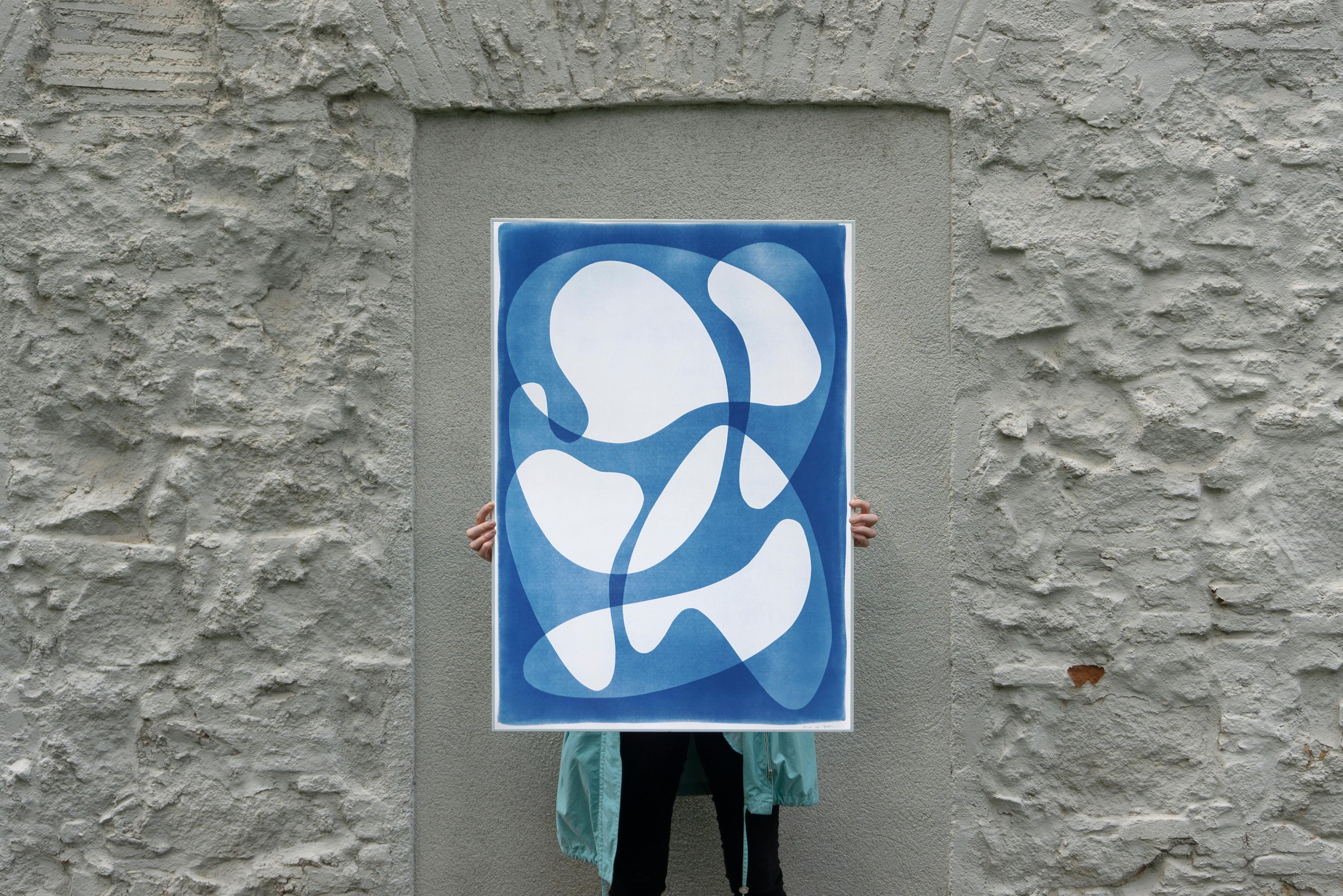 White and Blue Unique Monotype Cyanotype, Mid Century Modern Kidney Oval Shapes - Photograph by Kind of Cyan