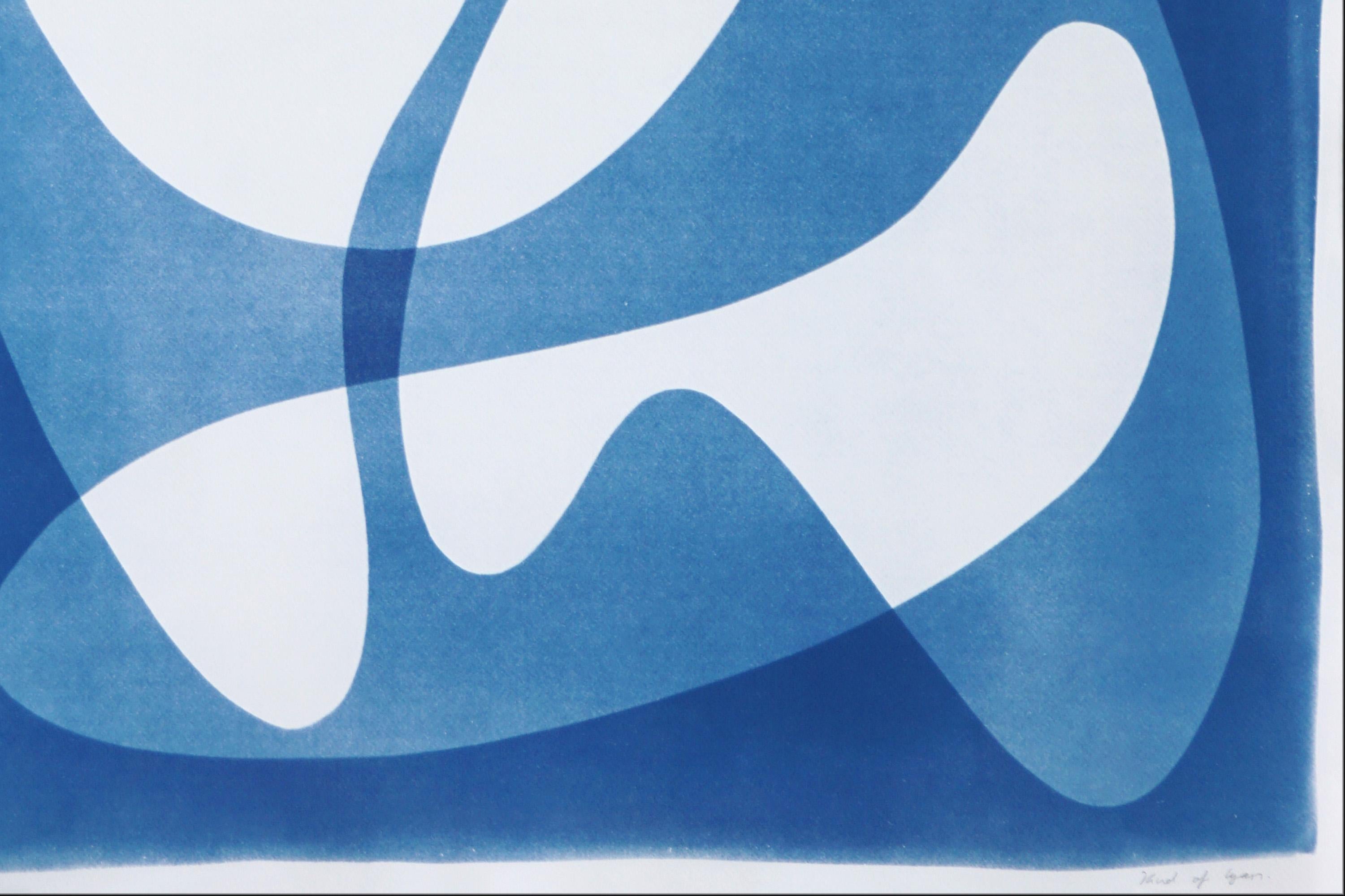White and Blue Unique Monotype Cyanotype, Mid Century Modern Kidney Oval Shapes For Sale 2