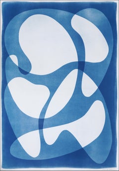 White and Blue Unique Monotype Cyanotype, Mid Century Modern Kidney Oval Shapes