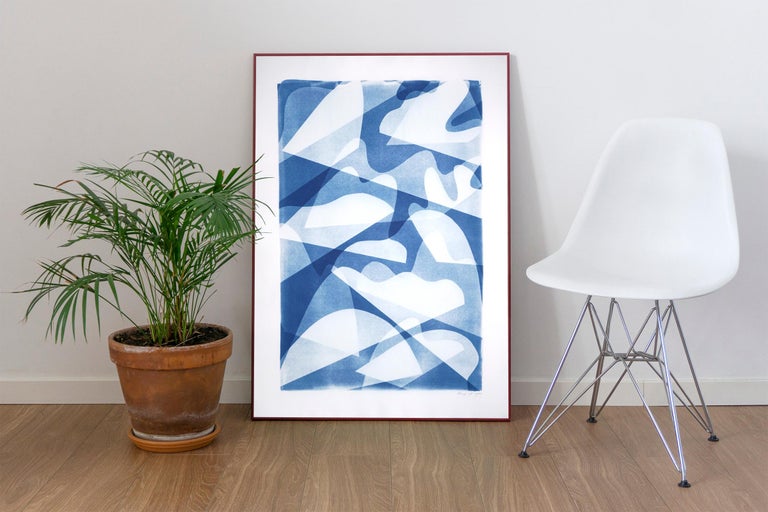 Wind over Water, Handmade Memphis Style Shapes Monotype in Classy Blue Tones - Photograph by Kind of Cyan