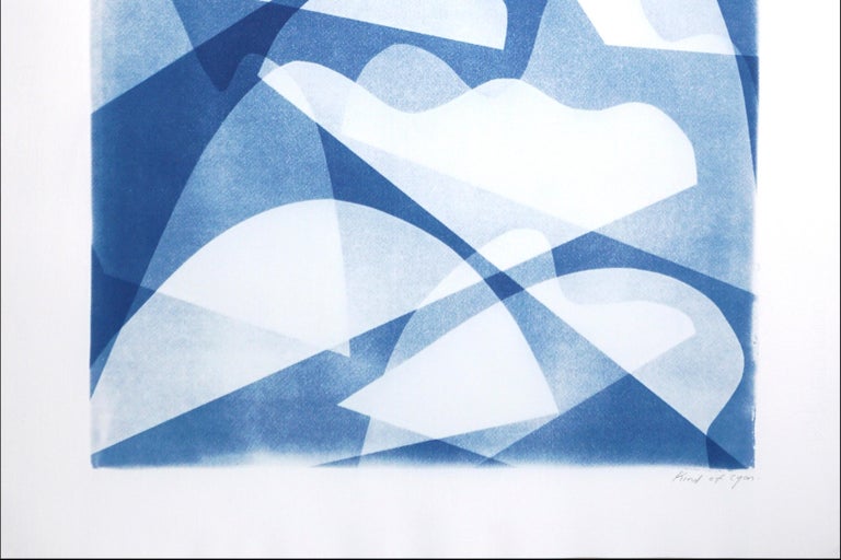 Wind over Water, Handmade Memphis Style Shapes Monotype in Classy Blue Tones - Abstract Geometric Photograph by Kind of Cyan
