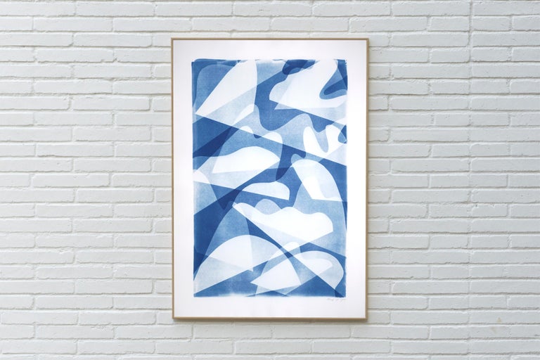 Wind over Water, Handmade Memphis Style Shapes Monotype in Classy Blue Tones For Sale 1