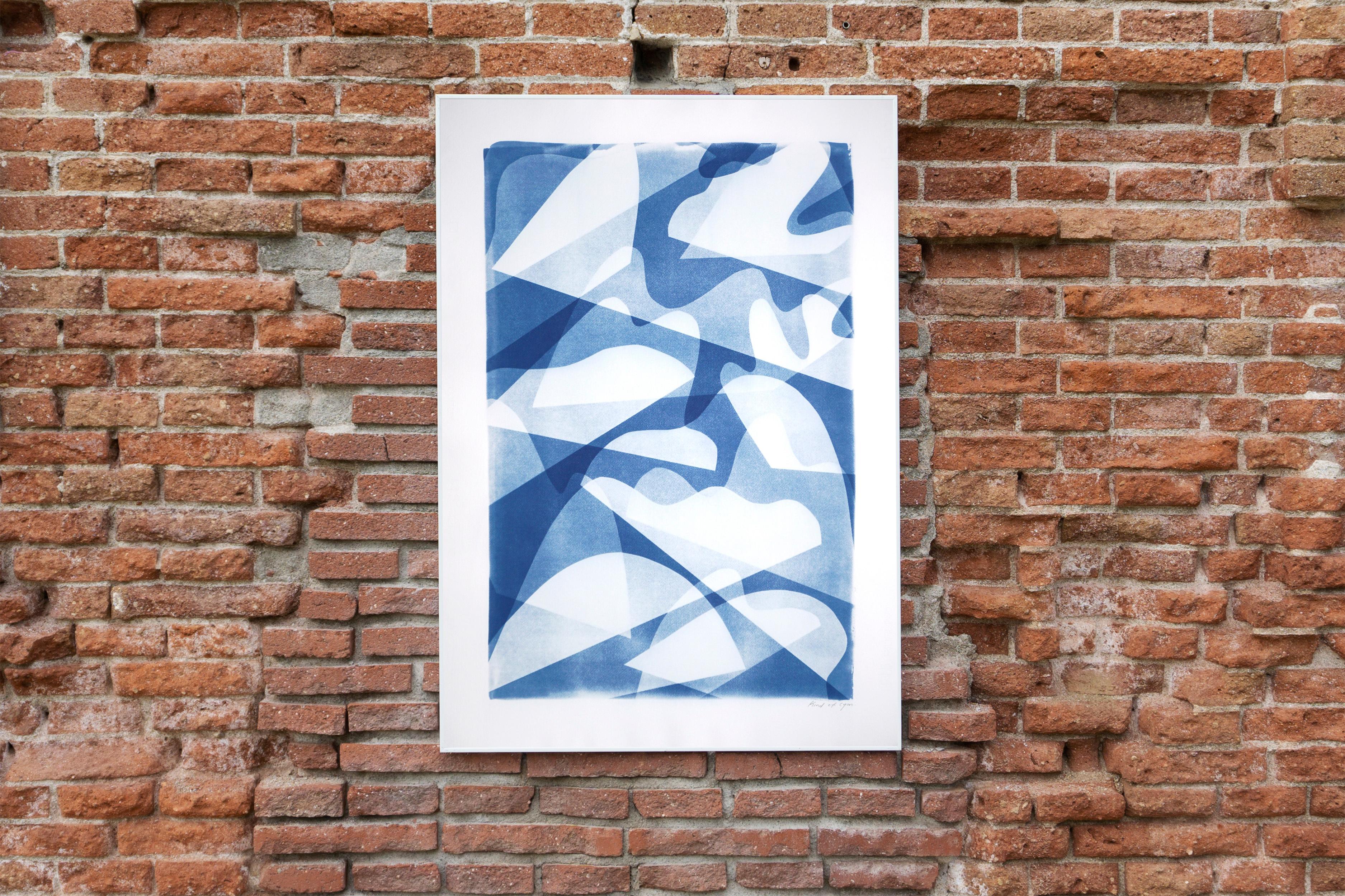 Wind over Water, Handmade Memphis Style Shapes Monotype in Classy Blue Tones - Gray Abstract Photograph by Kind of Cyan