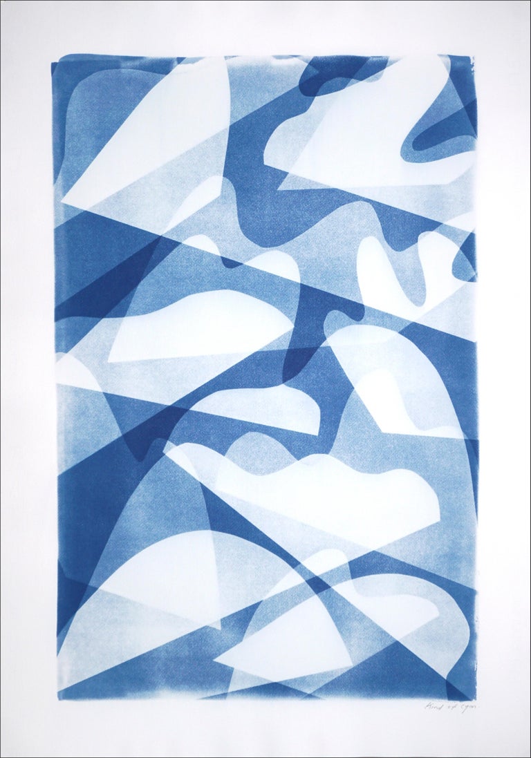 Kind of Cyan Abstract Photograph - Wind over Water, Handmade Memphis Style Shapes Monotype in Classy Blue Tones